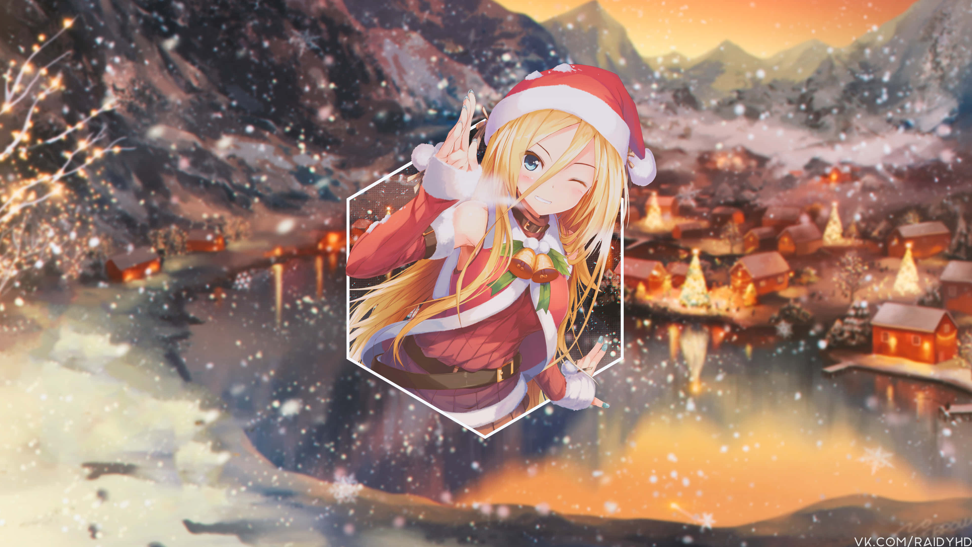 anime girl, Santa hat, snowy village, 4K Desktop Wallpaper
