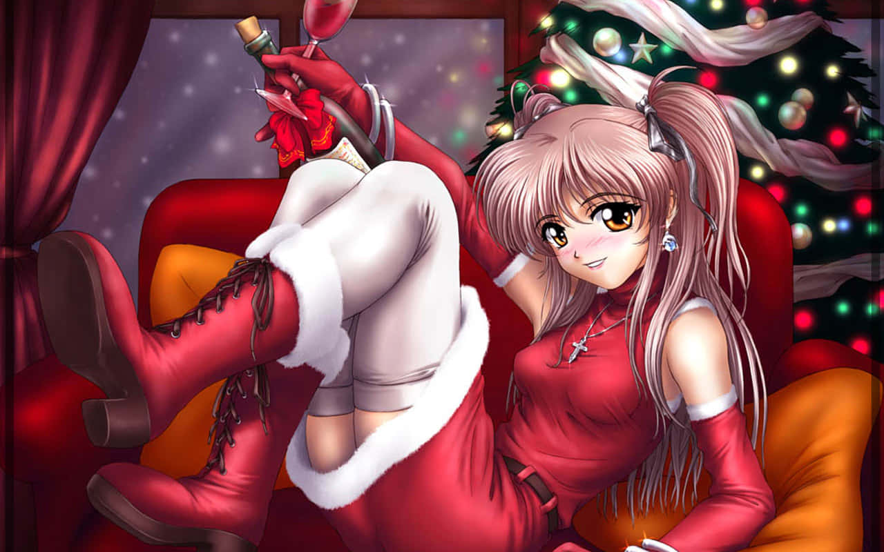 pink haired girl, red Santa outfit, glowing Christmas tree, HD Desktop Wallpaper