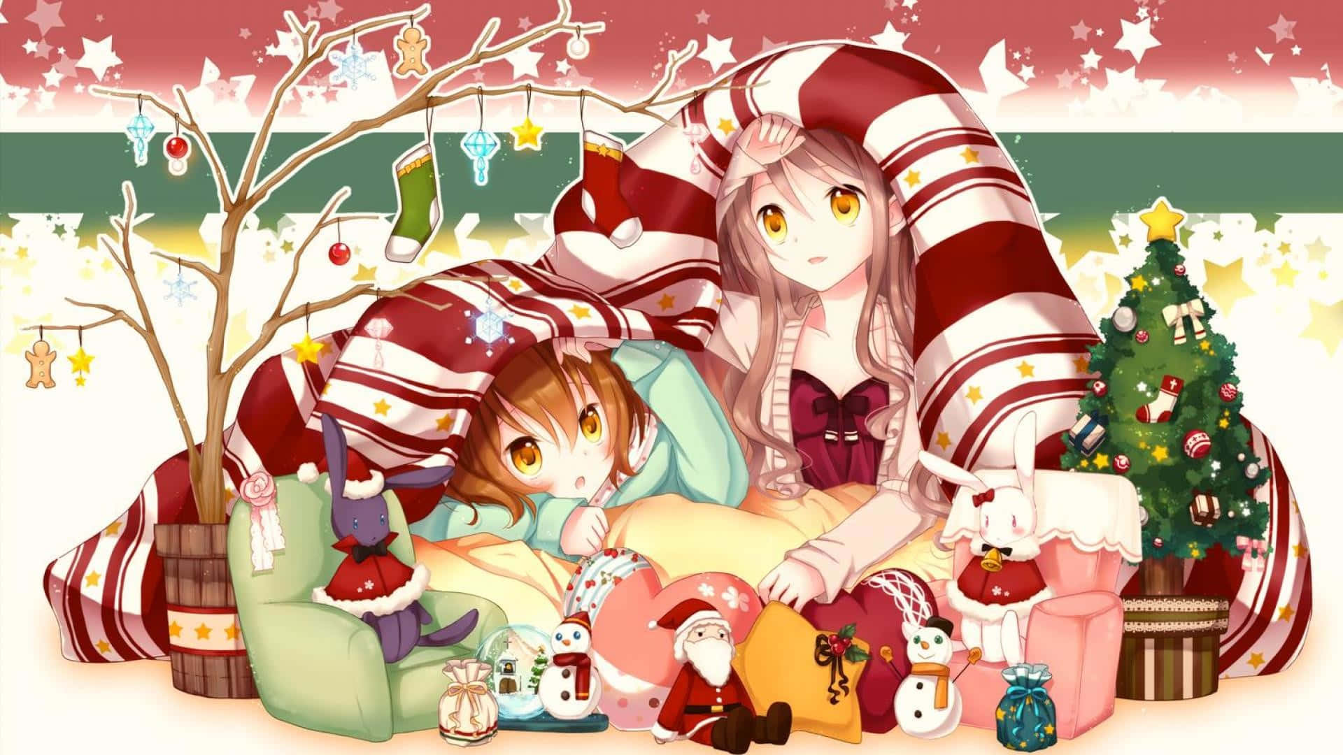 anime kids, candy cane blanket, festive Christmas decorations, Full HD Desktop Wallpaper