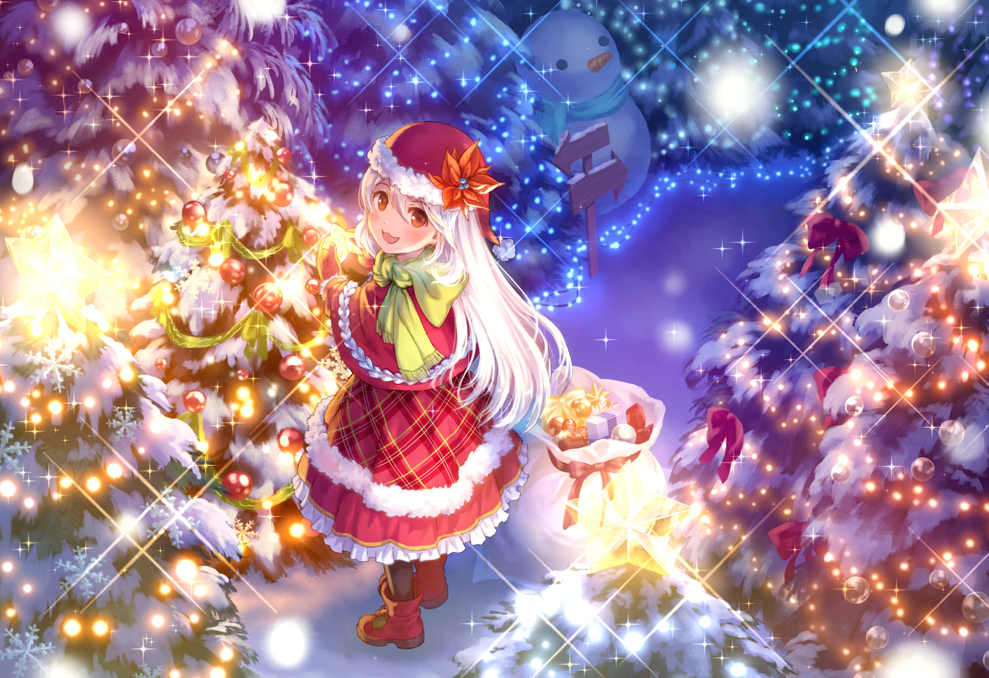 white haired girl, red winter dress, snowy Christmas tree, Full HD Desktop Wallpaper