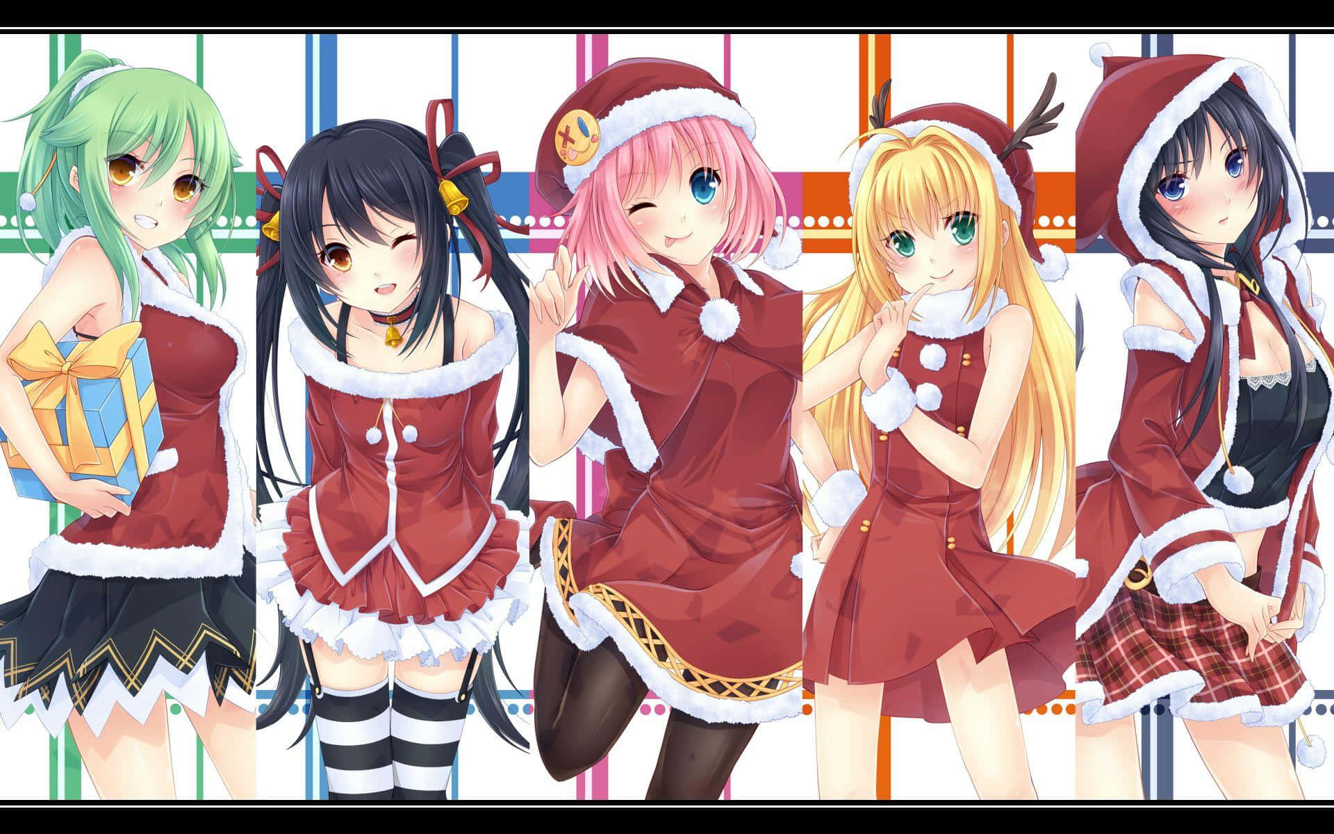 Christmas Anime Pfp, anime girls, festive red Santa outfits, Full HD Desktop Wallpaper