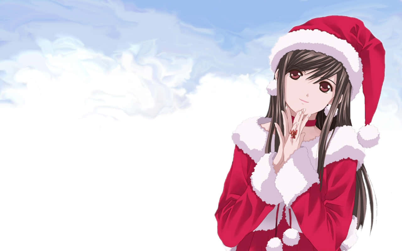 anime girl, red Santa outfit, white trim, HD Desktop Wallpaper