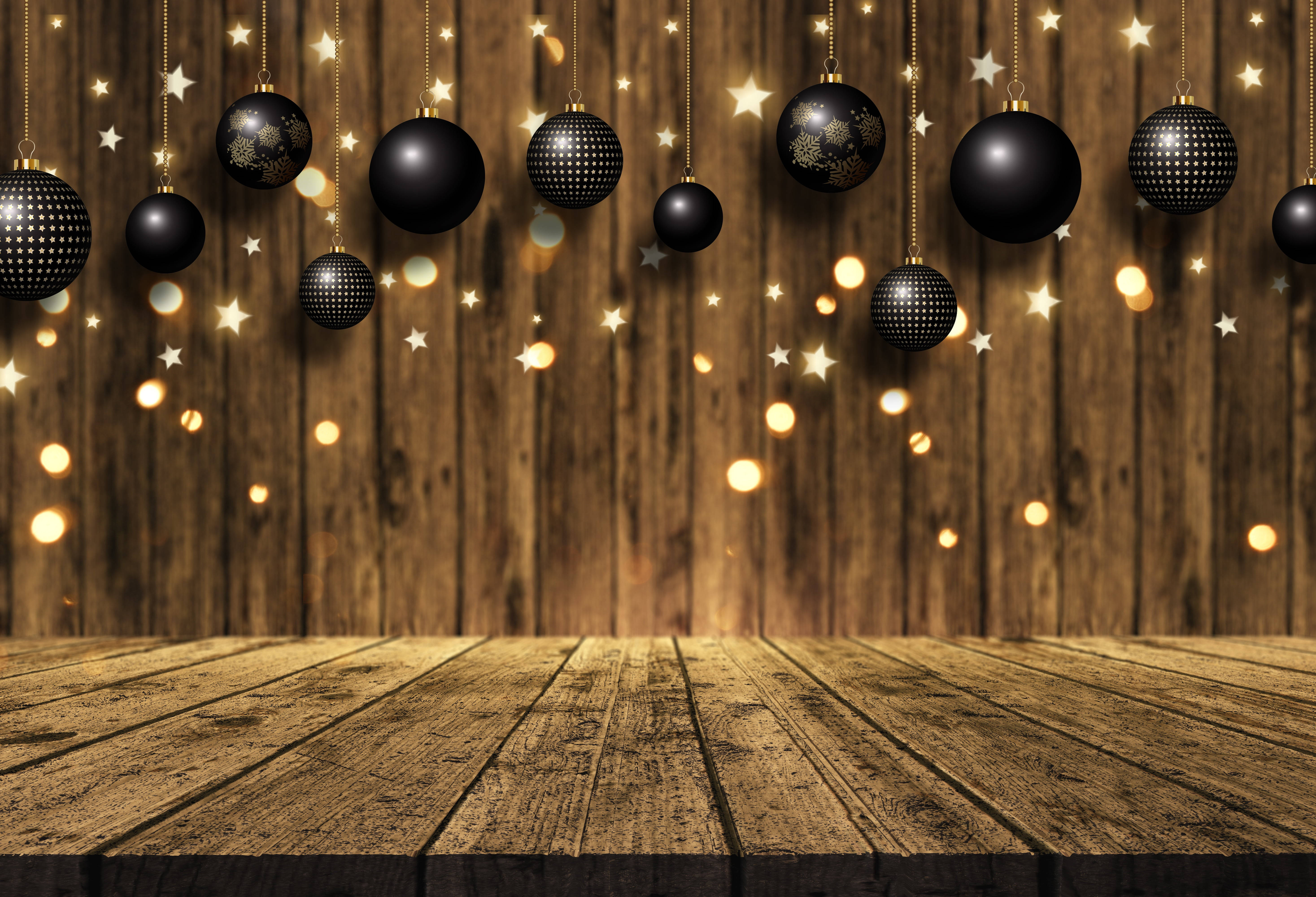 black christmas balls, glittery ornaments, golden stars, 5K Desktop Wallpaper