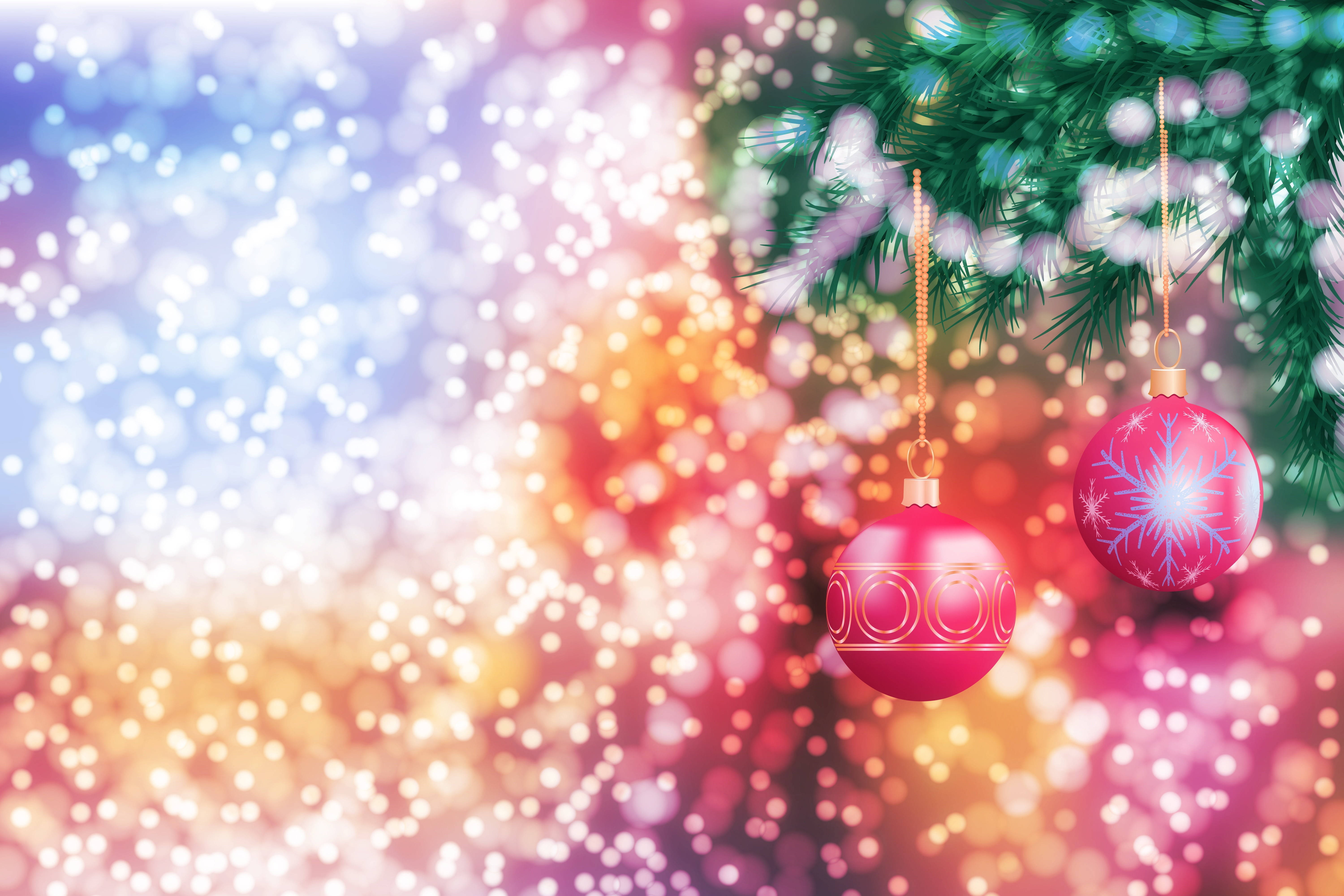 pink Christmas balls, green pine branch, bokeh background, 5K Desktop Wallpaper