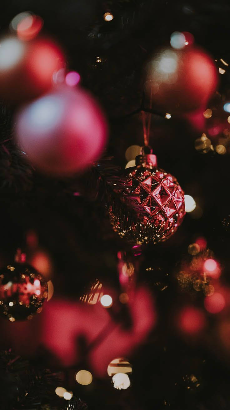 dark pink festive christmas balls, shimmering red and pink ornaments, dark Christmas tree, HD Phone Wallpaper