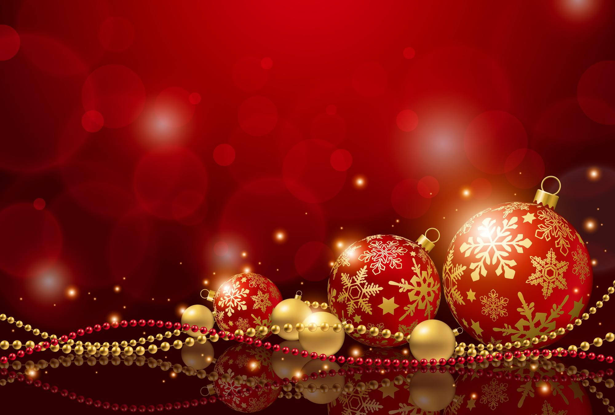 red Christmas balls, shiny red, gold Christmas ornaments, Full HD Desktop Wallpaper