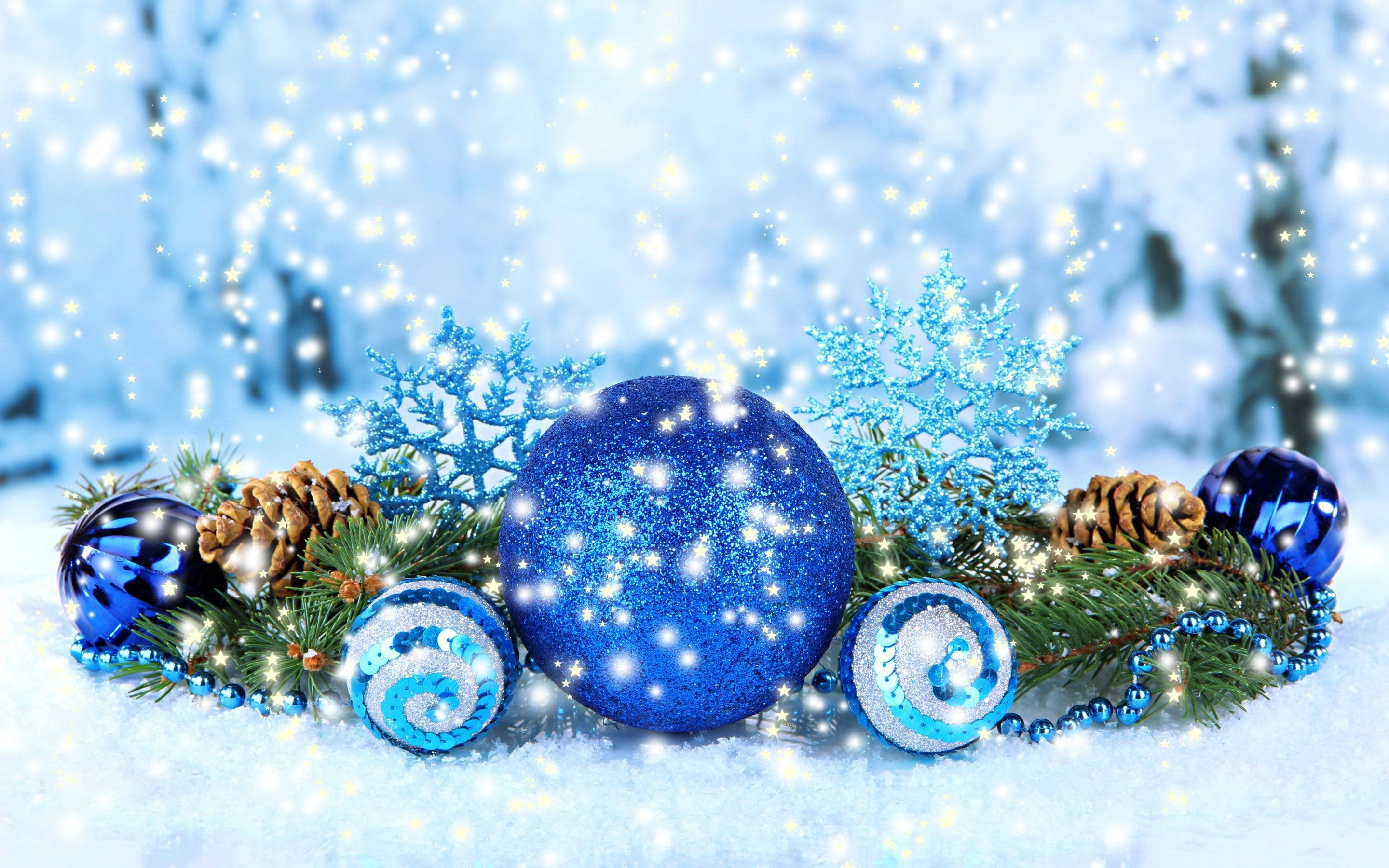blue Christmas balls, snowflakes, snowy ground, 2K Desktop Wallpaper