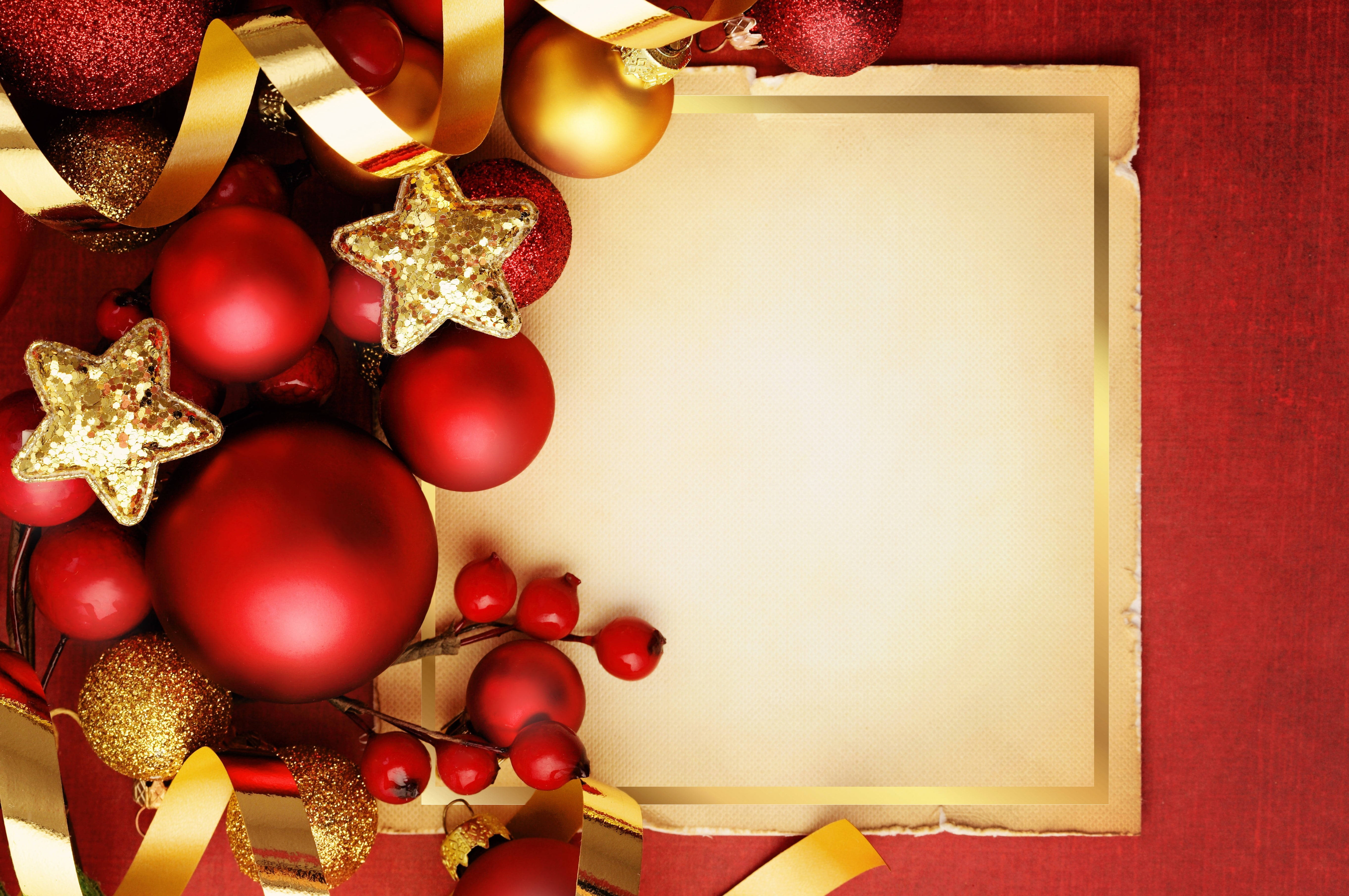 festive red gold balls, red and gold Christmas ornament, blank cream card, 5K Desktop Wallpaper