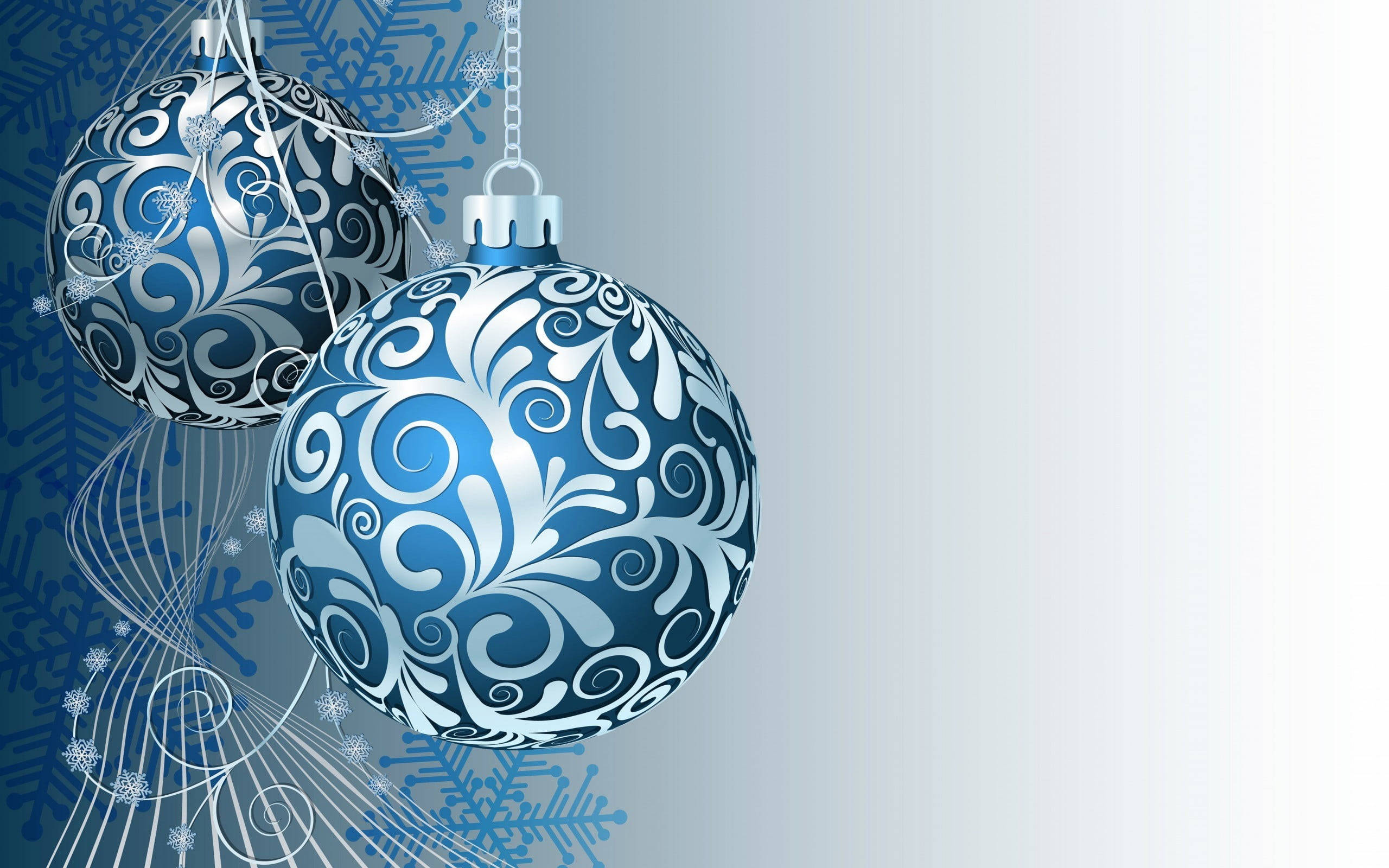 blue Christmas balls, ornate blue and silver Christmas ornaments, swirling patterns, 2K Desktop Wallpaper