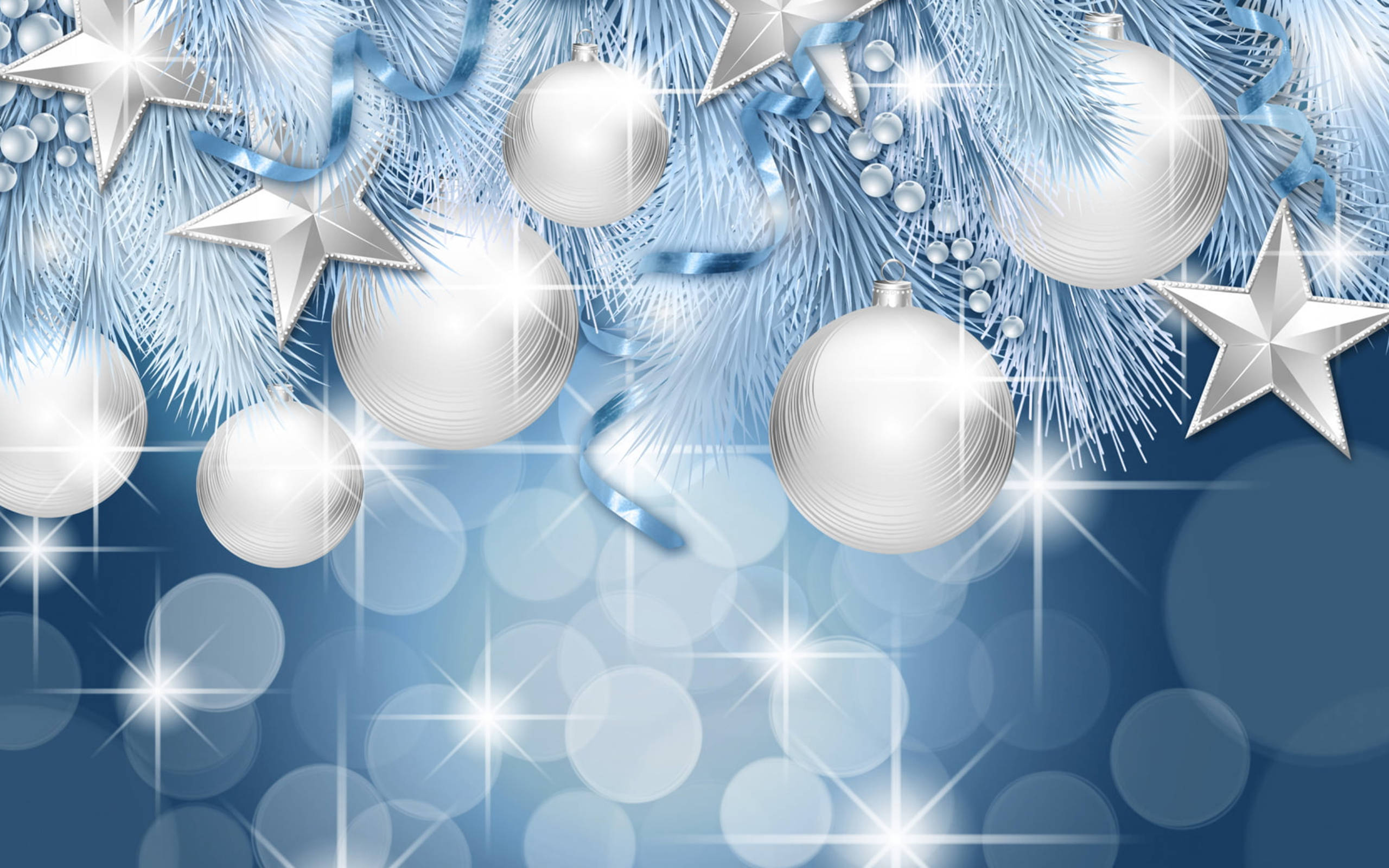 silver christmas balls, glare stars, frosty blue pine branches, 2K Desktop Wallpaper