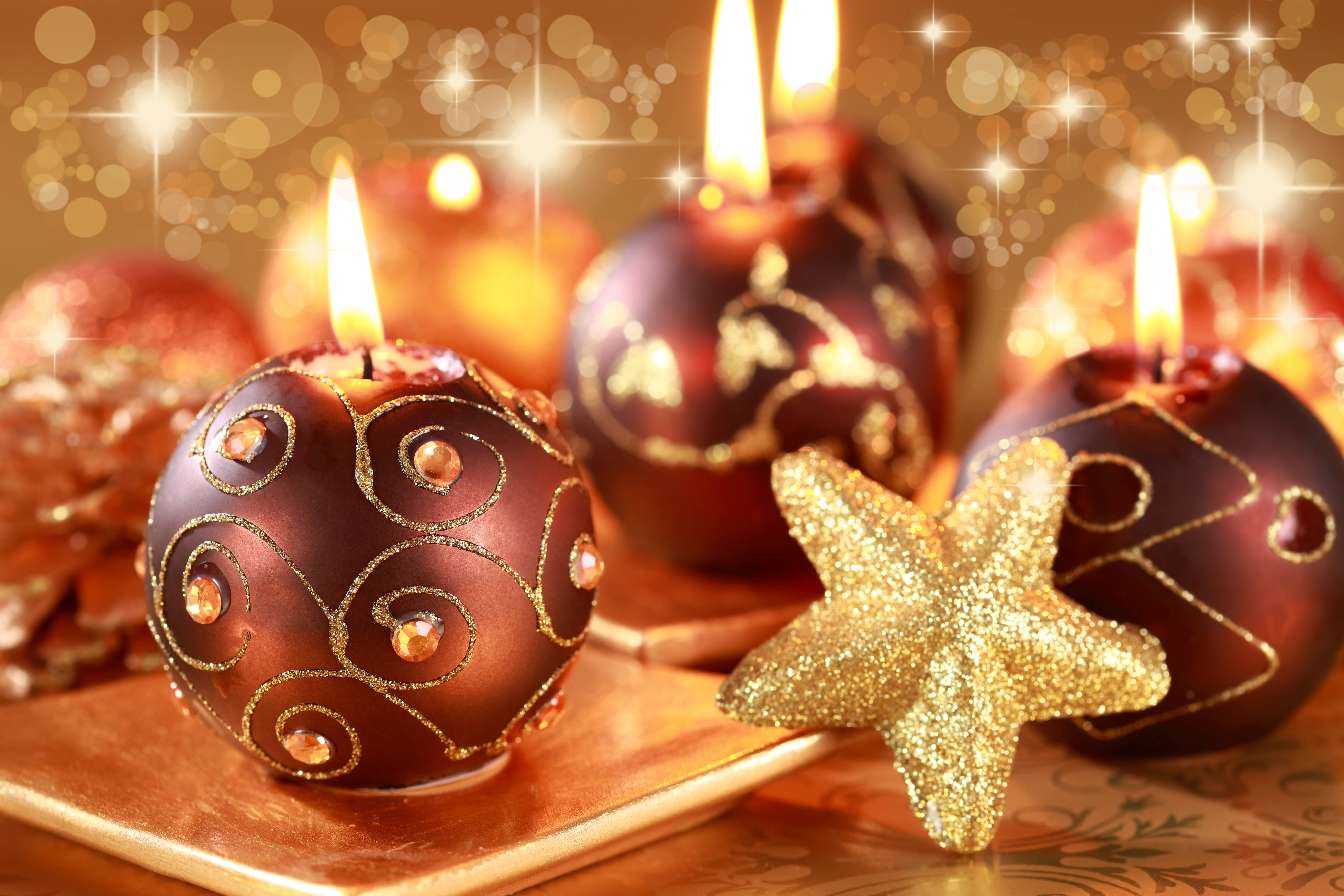 golden candles, ornaments, sparkling stars, 5K Desktop Wallpaper