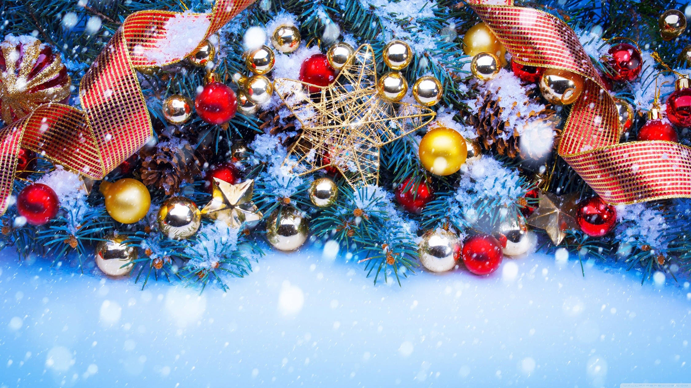Christmas Balls, red gold and silver ornaments, pinecones, Full HD Desktop Wallpaper