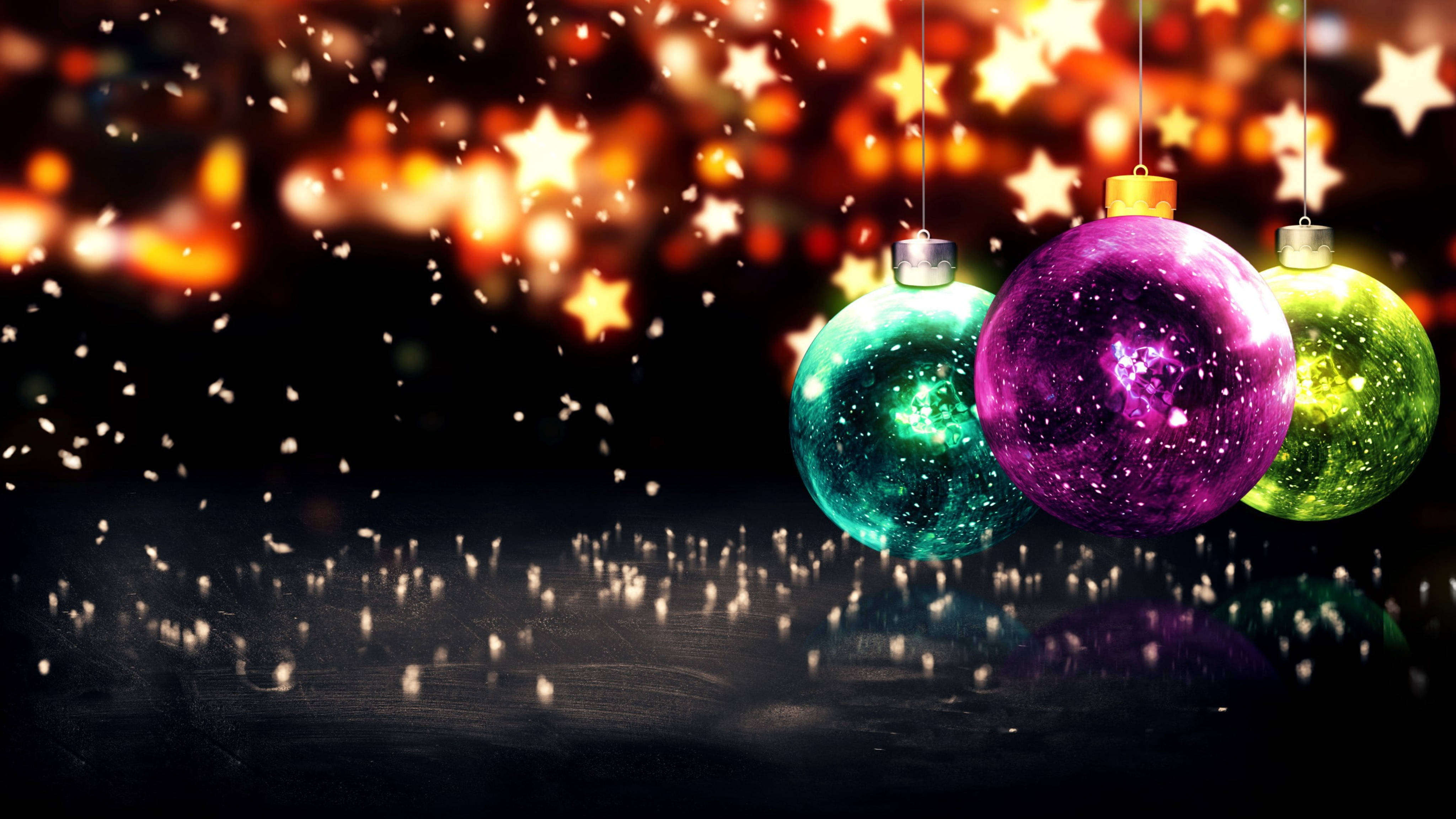 starry colorful christmas balls, galaxy-themed Christmas ornaments, bokeh starry background, 4K Desktop Wallpaper