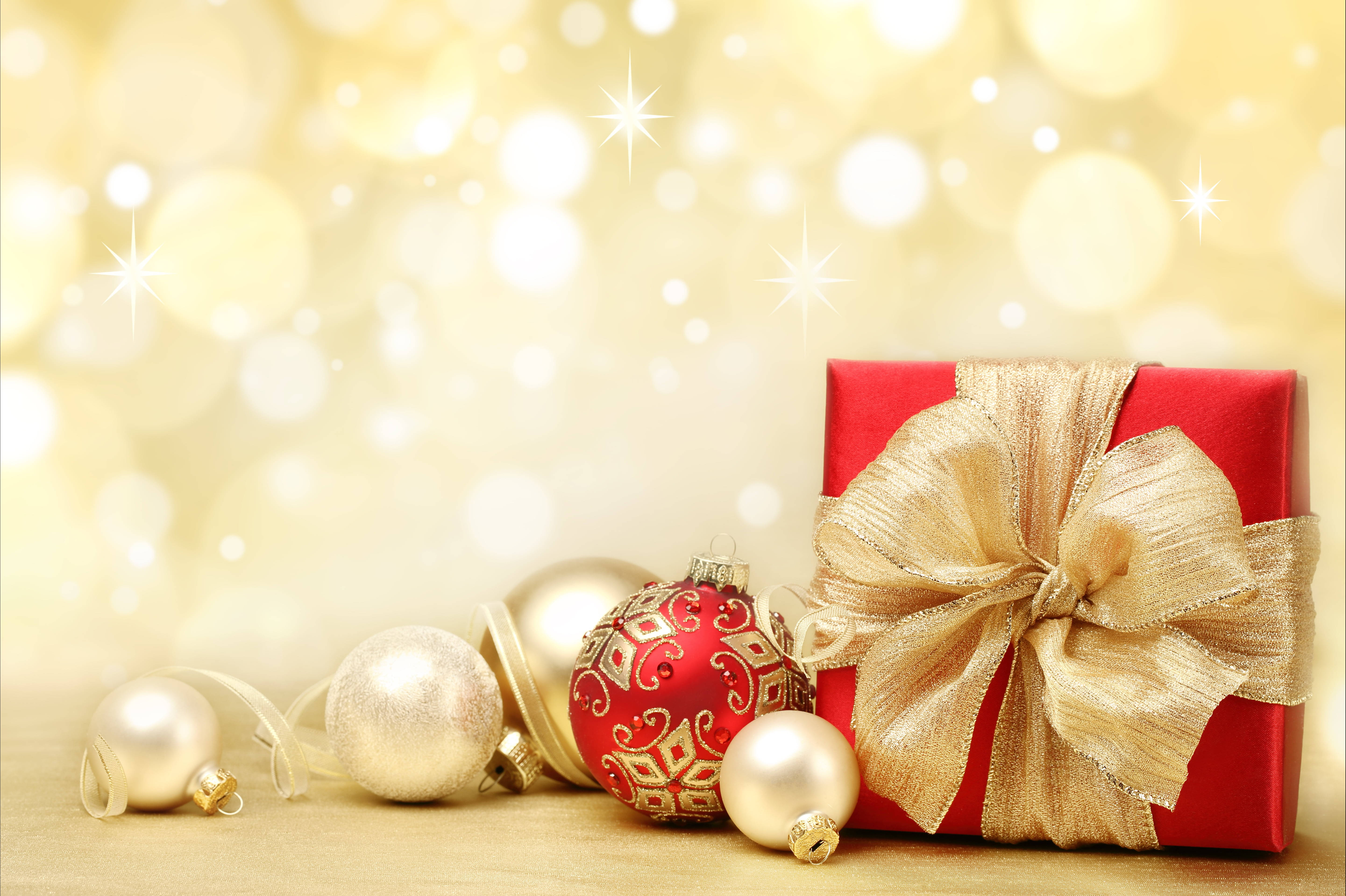 red gift box, gold bow, festive ornaments, 5K Desktop Wallpaper