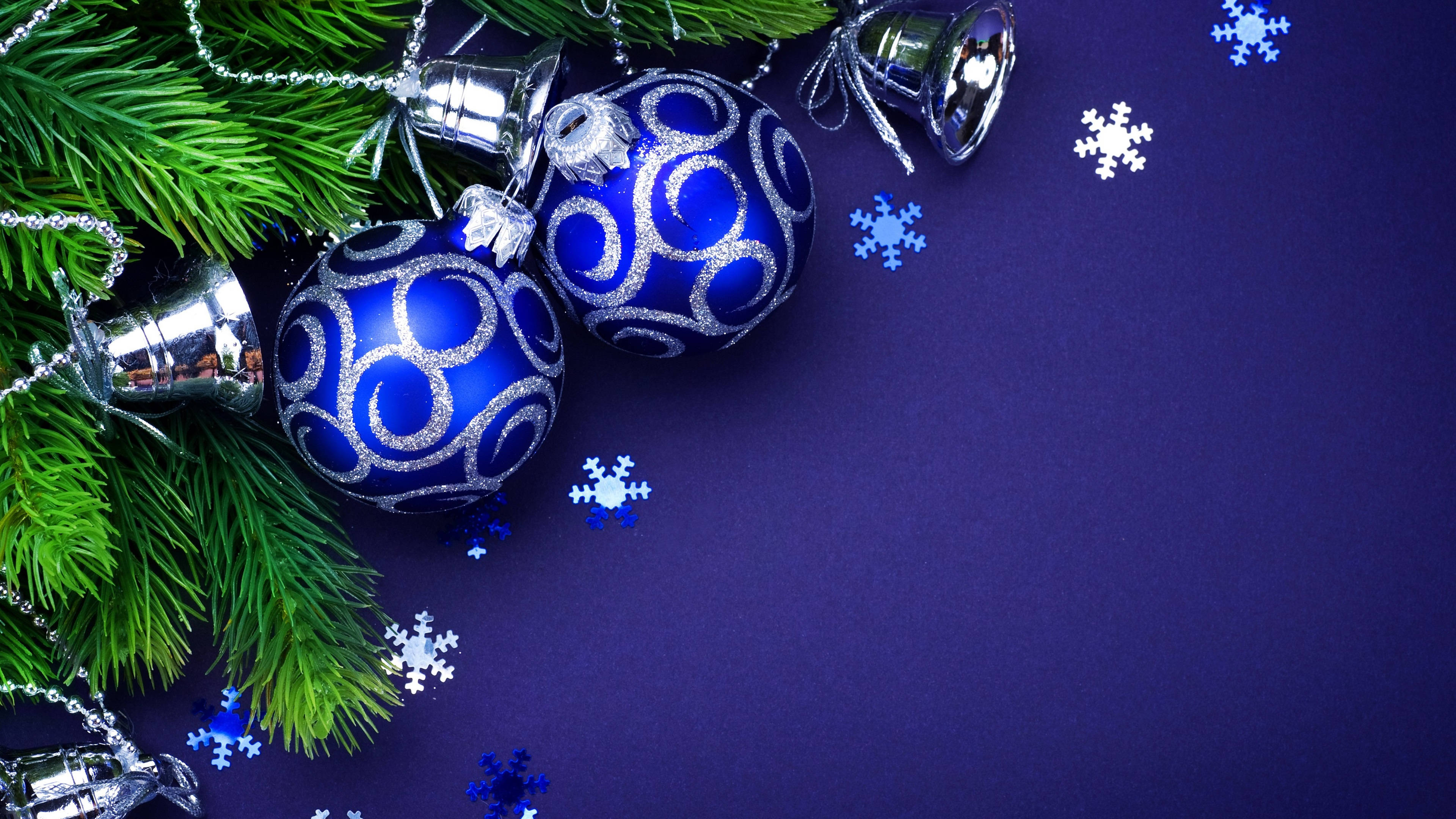 blue themed christmas bell, shiny blue patterned ornaments, silver bells, 4K Desktop Wallpaper