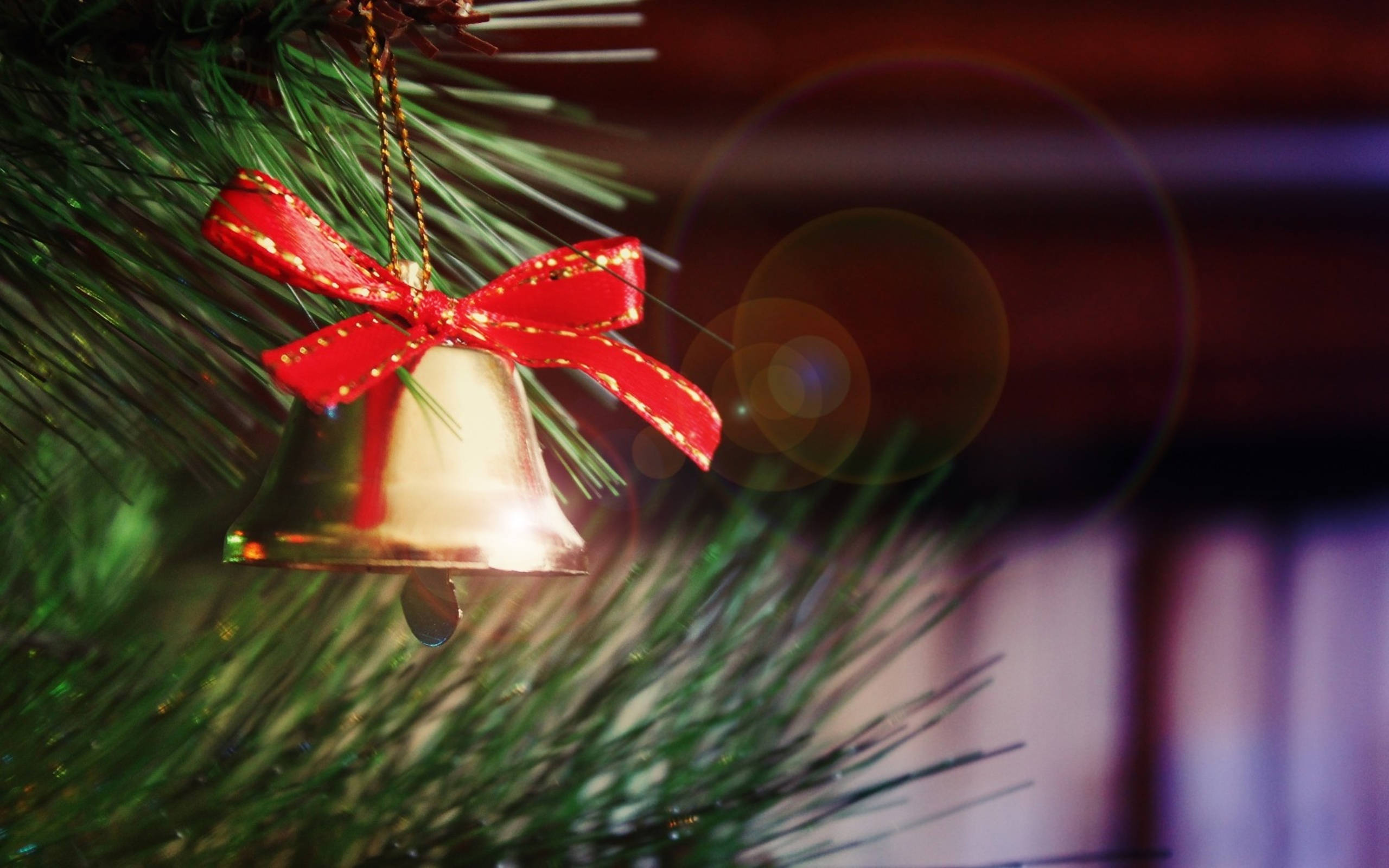 Christmas Bell, gold, red ribbon, 2K Desktop Wallpaper