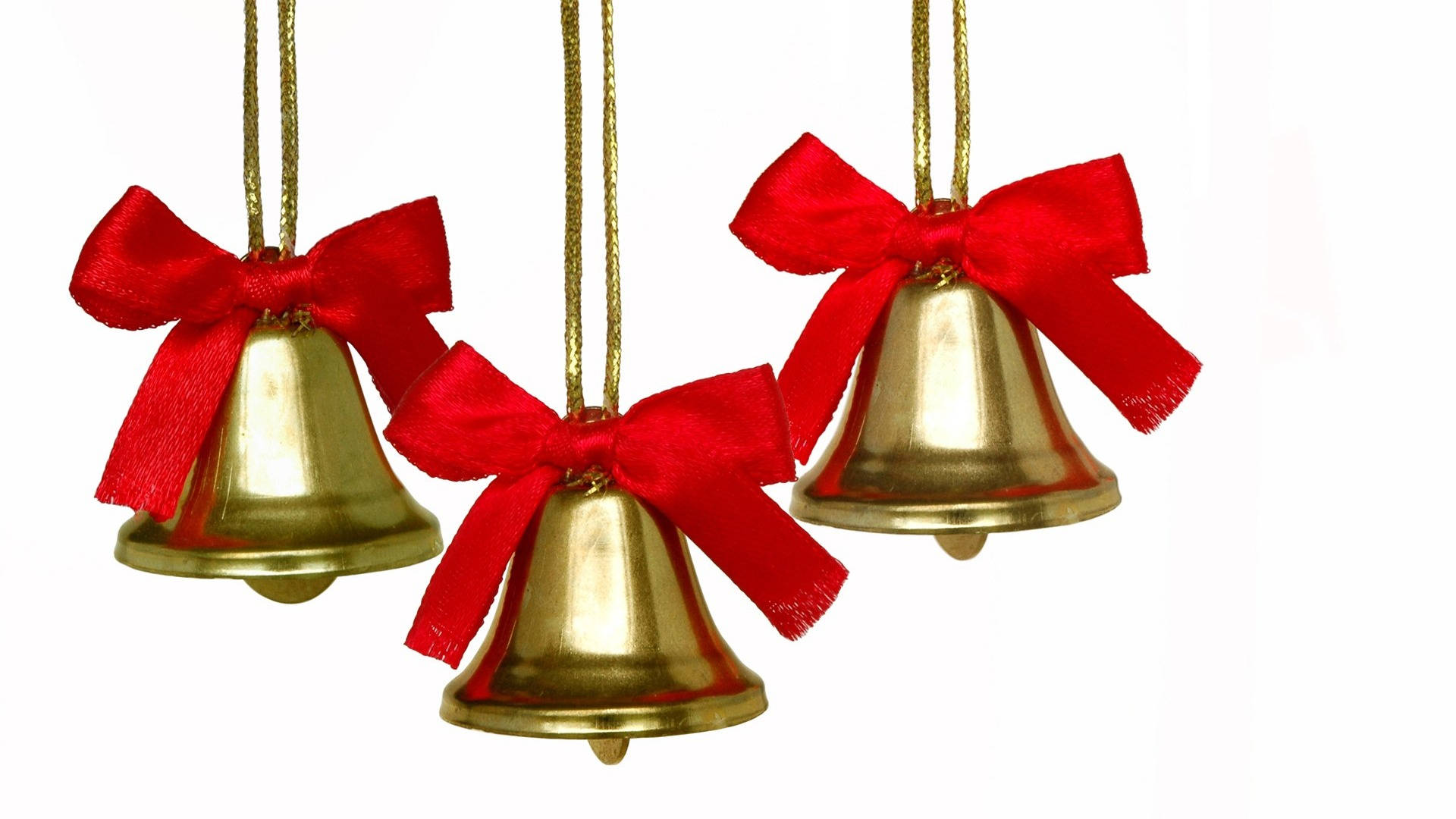 golden christmas bells, red ribbons, shiny gold, Full HD Desktop Wallpaper