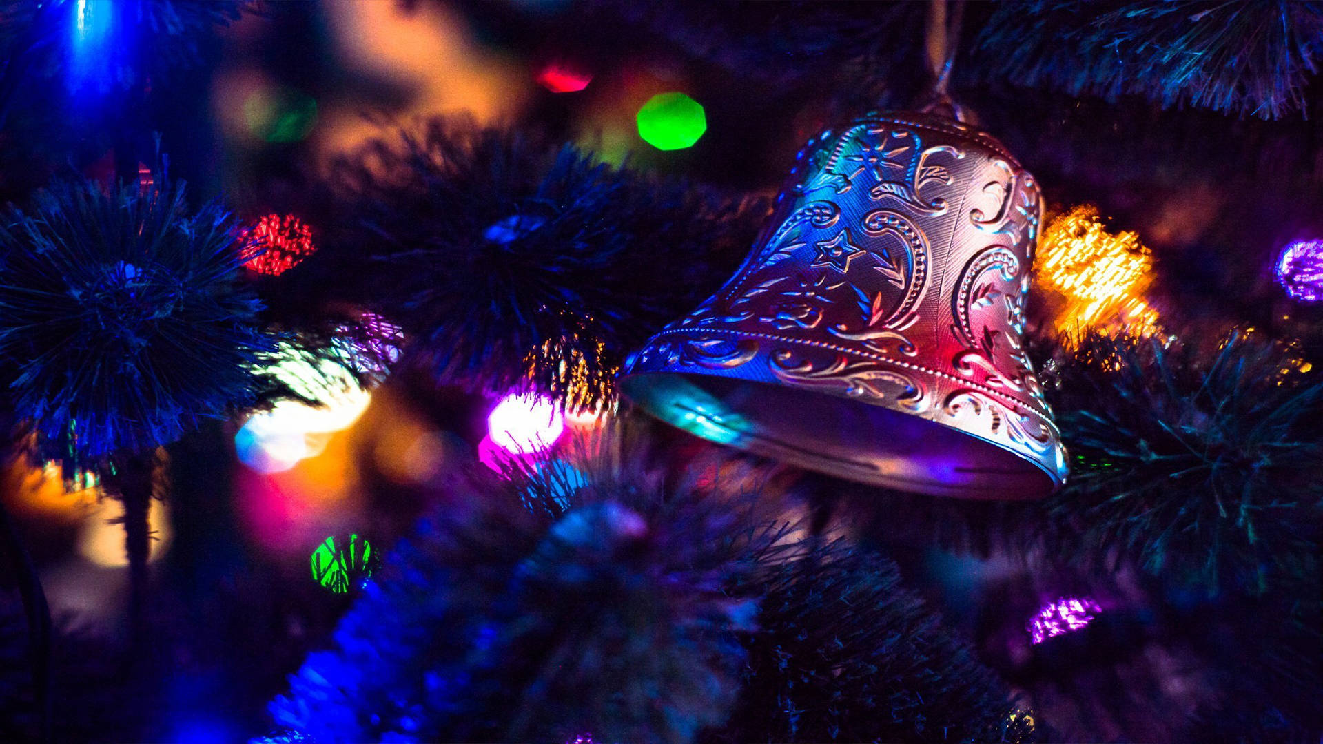 Christmas Bell, silver bell, dark pine tree, Full HD Desktop Wallpaper