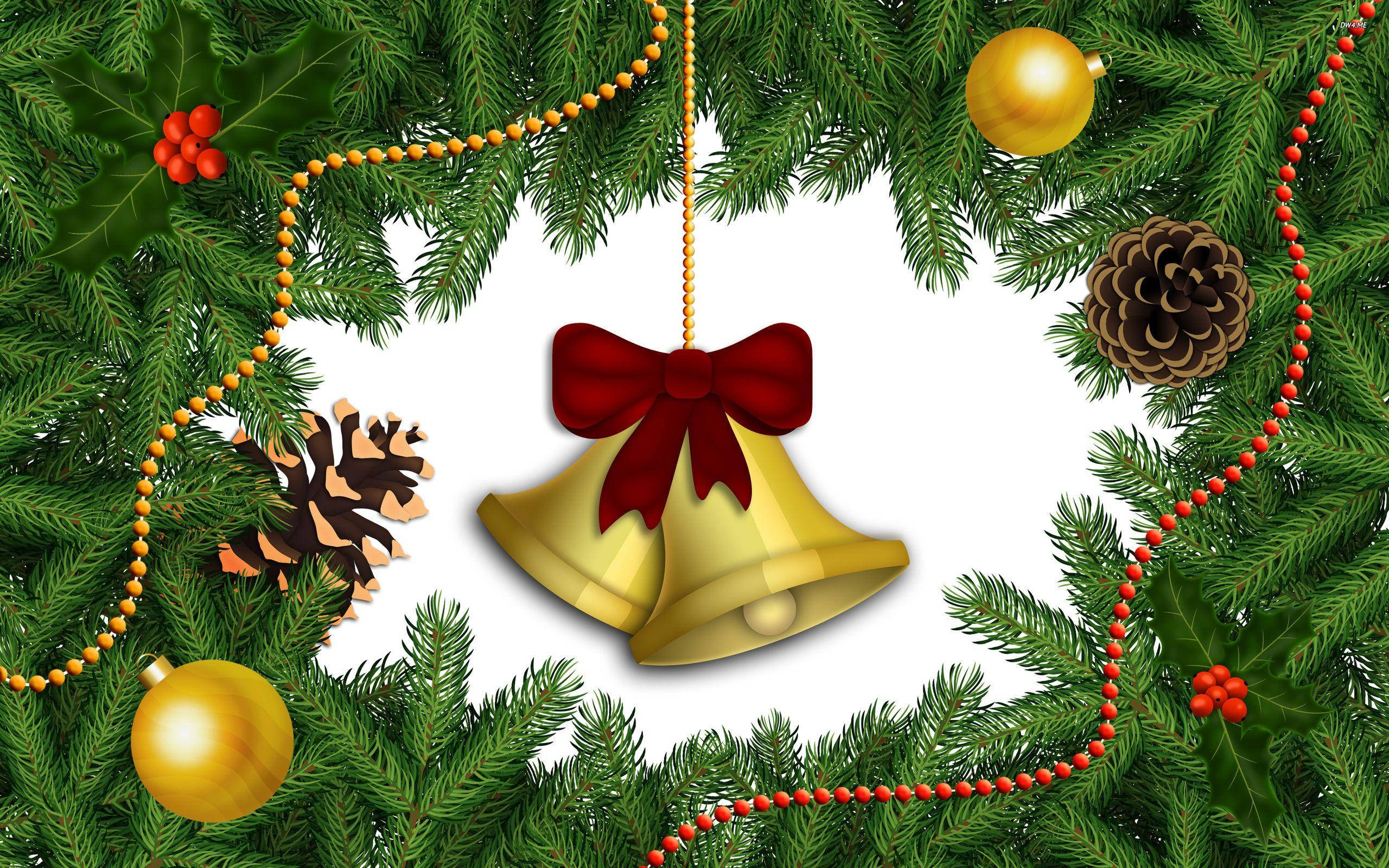 Christmas Bell, pinecone, golden bells, 2K Desktop Wallpaper