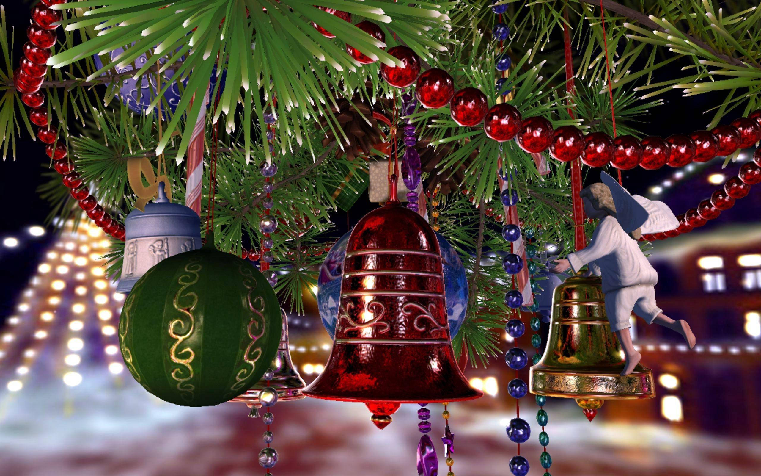 Christmas tree, red bells, green ornaments, 2K Desktop Wallpaper