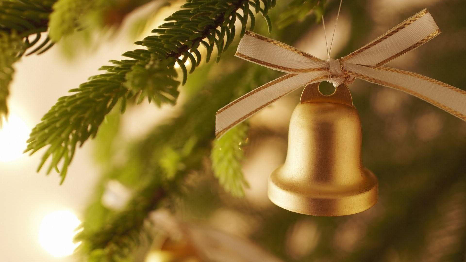white ribbon, golden bell, cream ribbon, Full HD Desktop Wallpaper