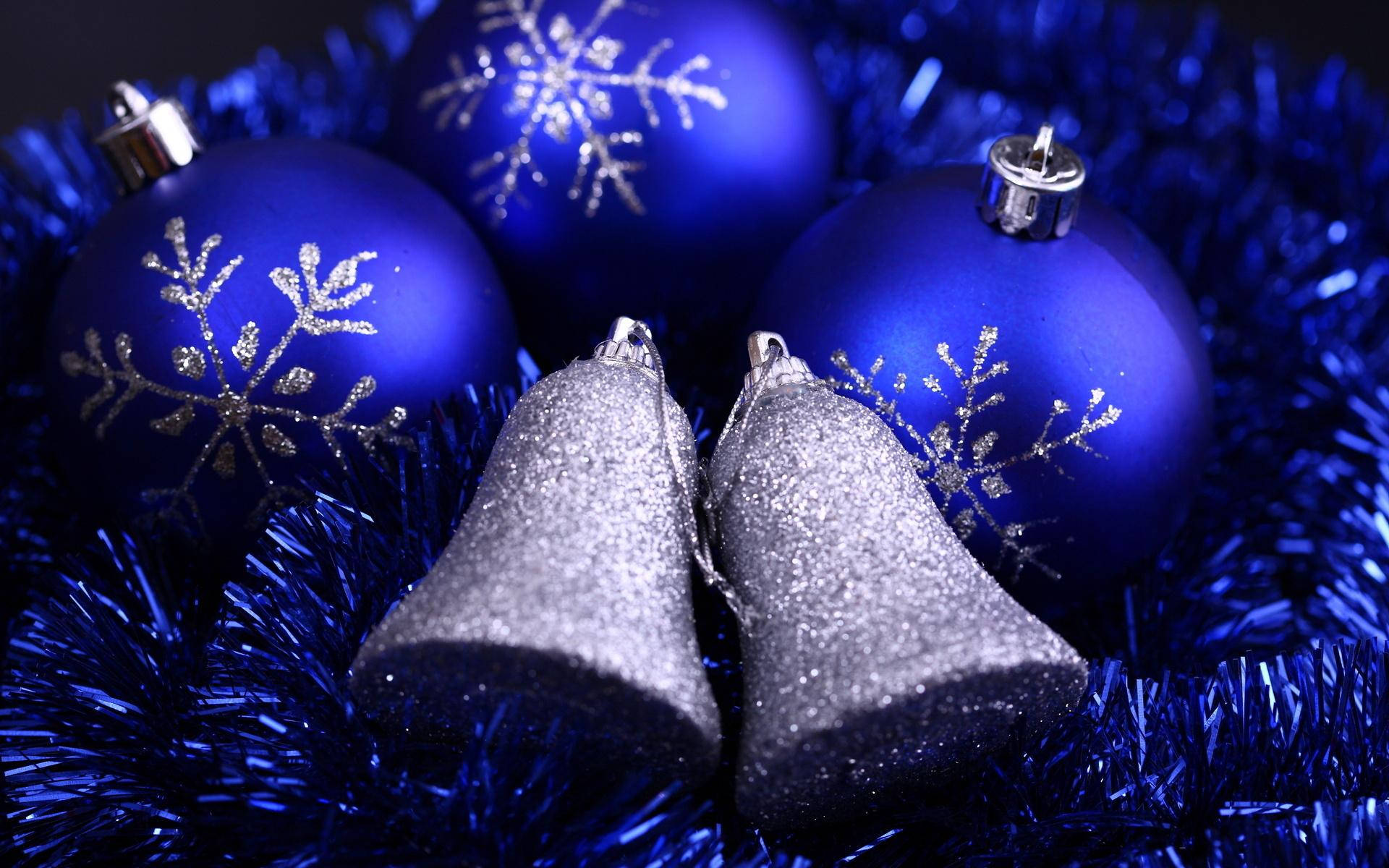 silver glitter christmas bells, shiny blue Christmas ornaments, silver bells, Full HD Desktop Wallpaper