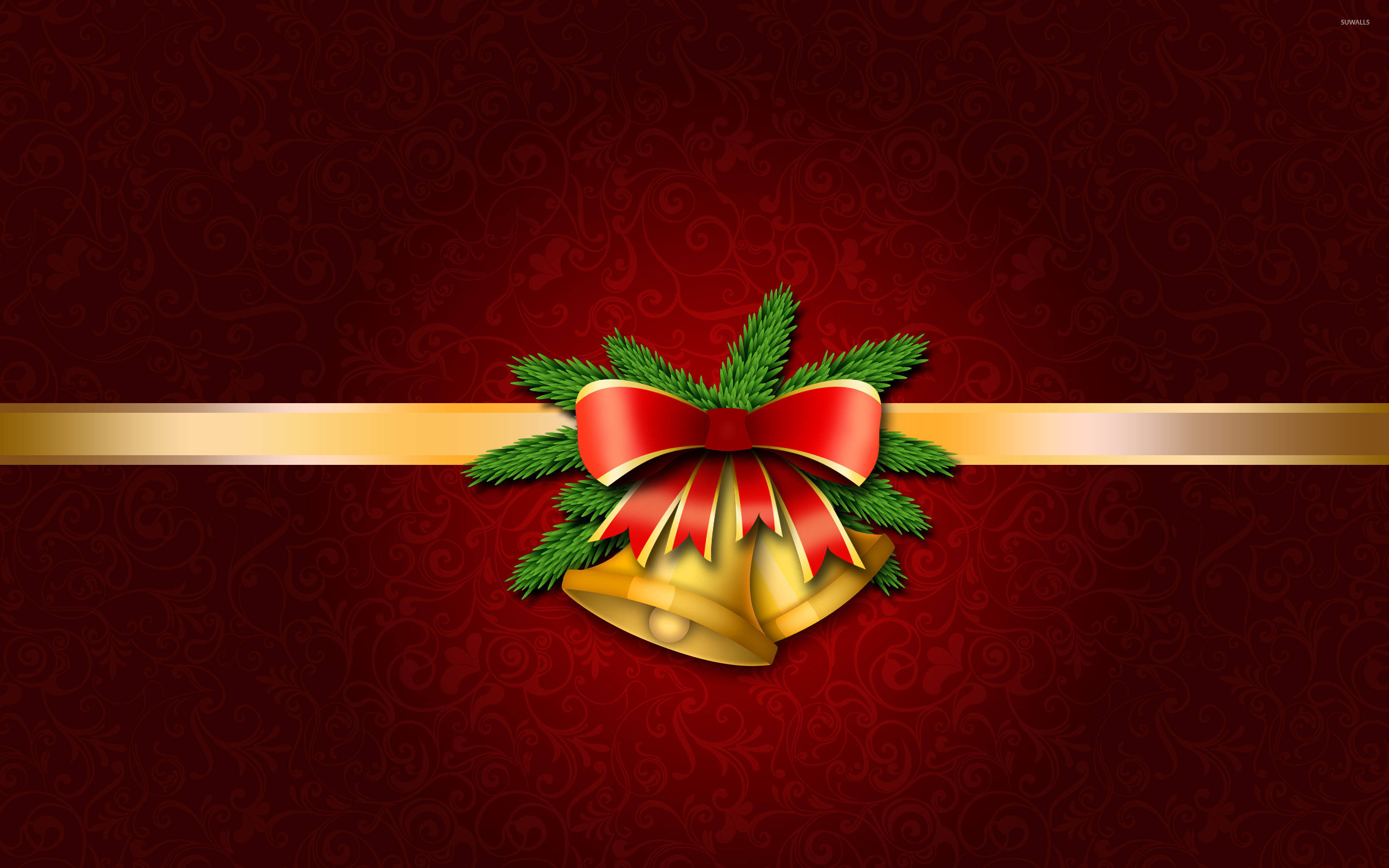 red ribbon, Christmas Bell, golden bells, 2K Desktop Wallpaper