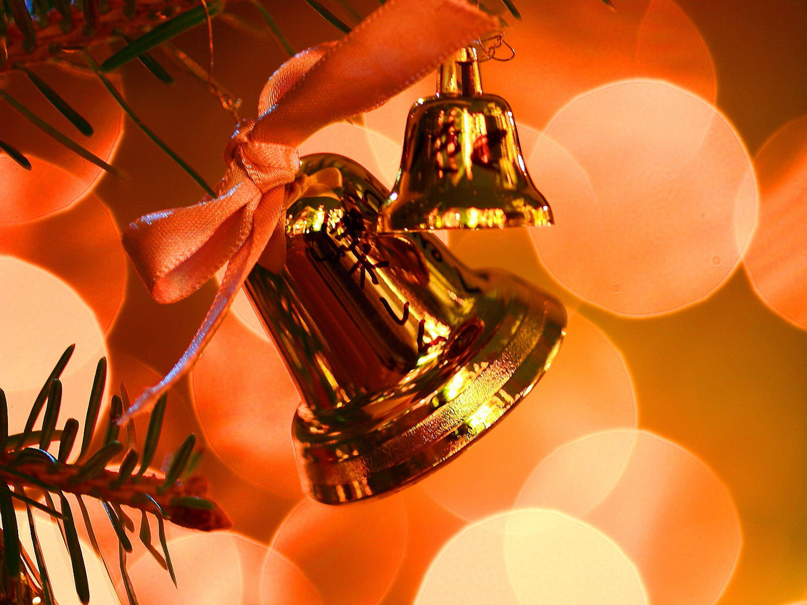 Christmas Bell, peach ribbon, golden bells, HD Desktop Wallpaper