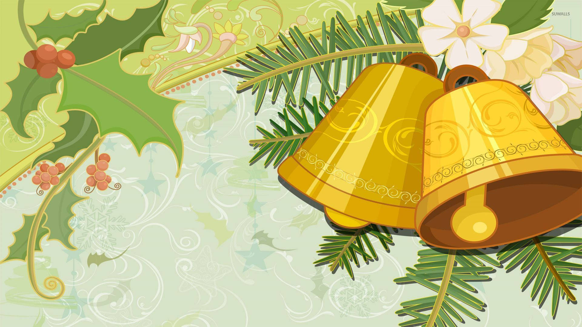 Christmas Bell, golden ornate bells, holly berries, Full HD Desktop Wallpaper