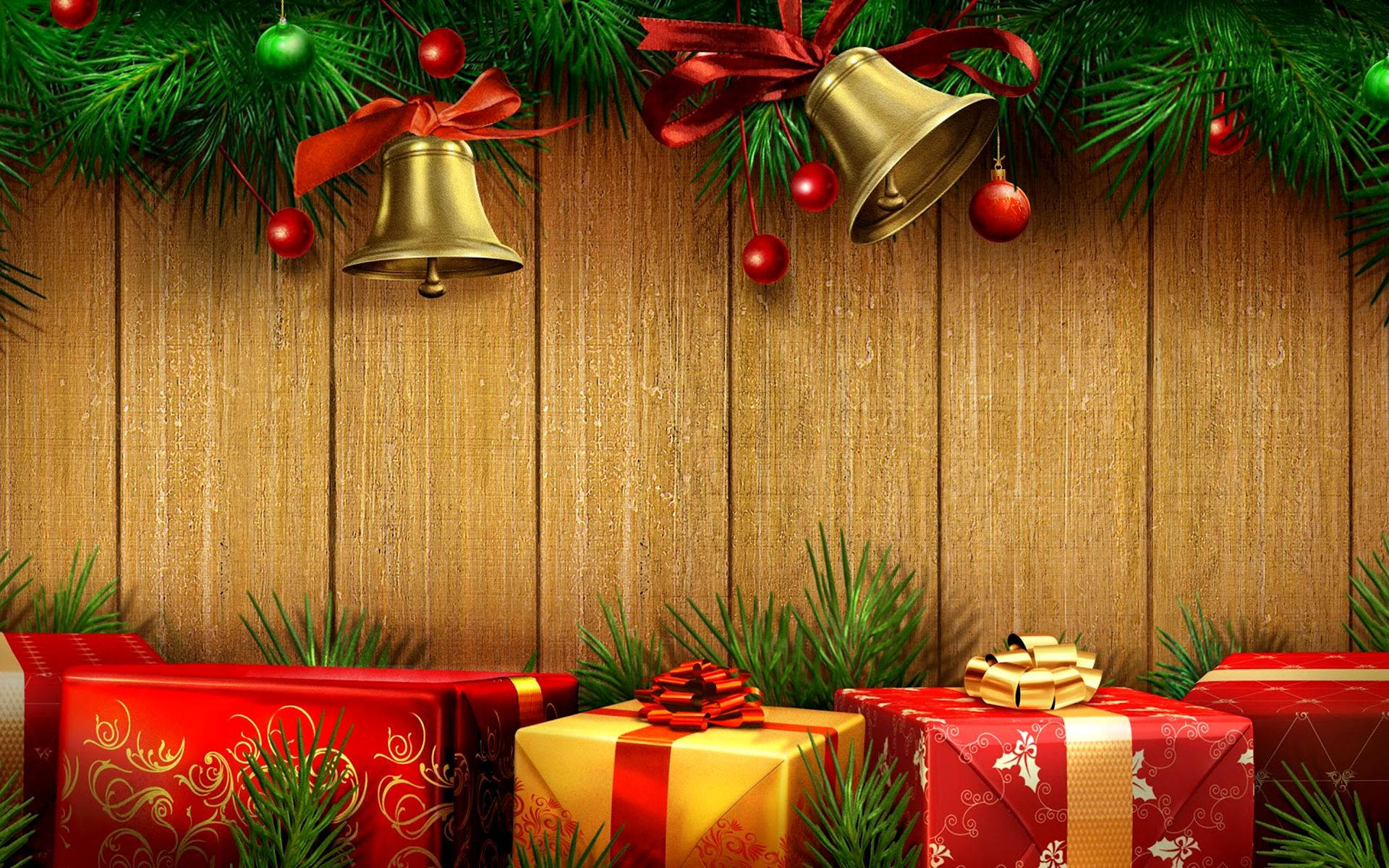 Christmas Bells And Presents, festive red, gold, Full HD Desktop Wallpaper