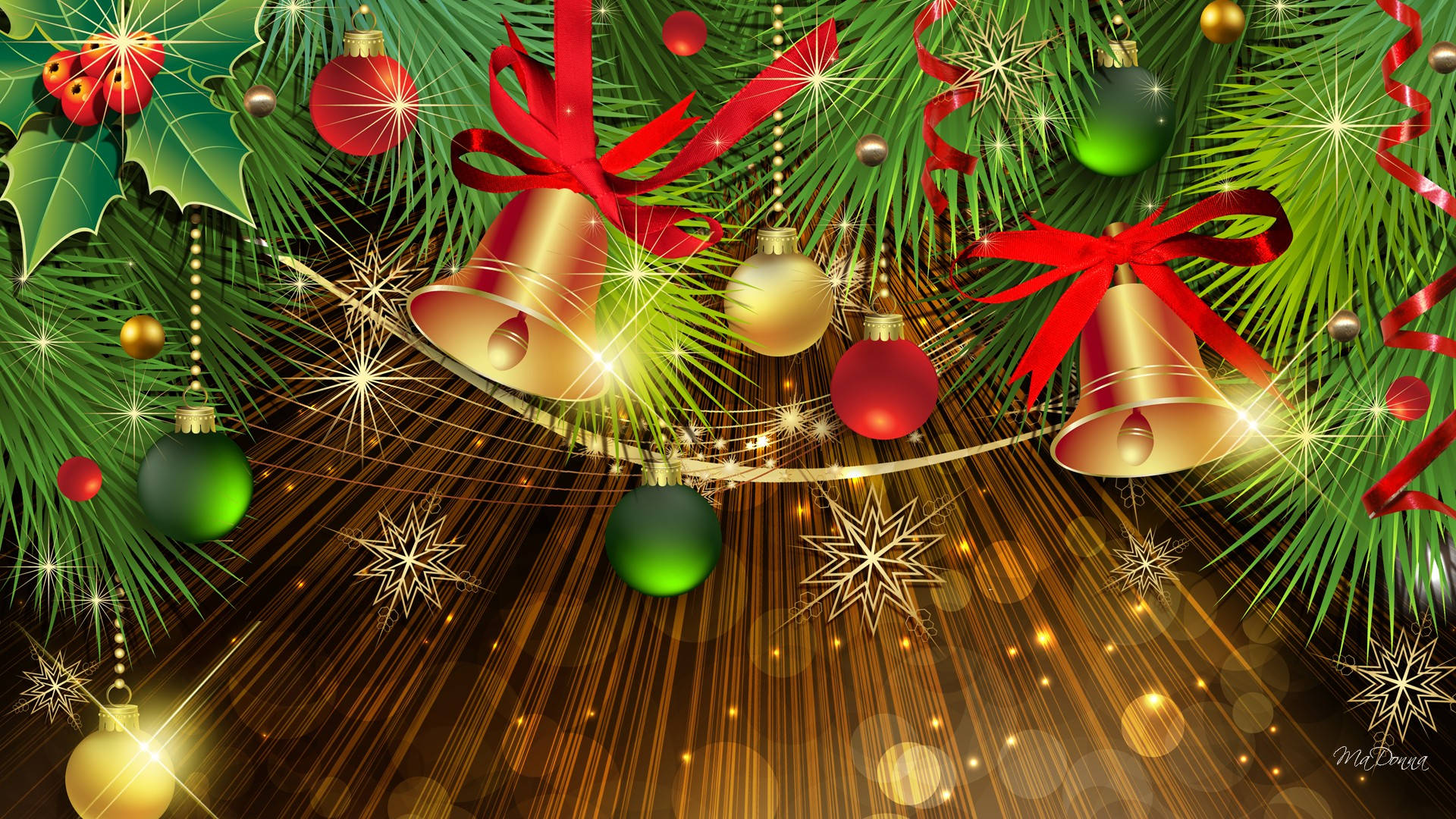 Christmas Bell, red bells, green holly, Full HD Desktop Wallpaper
