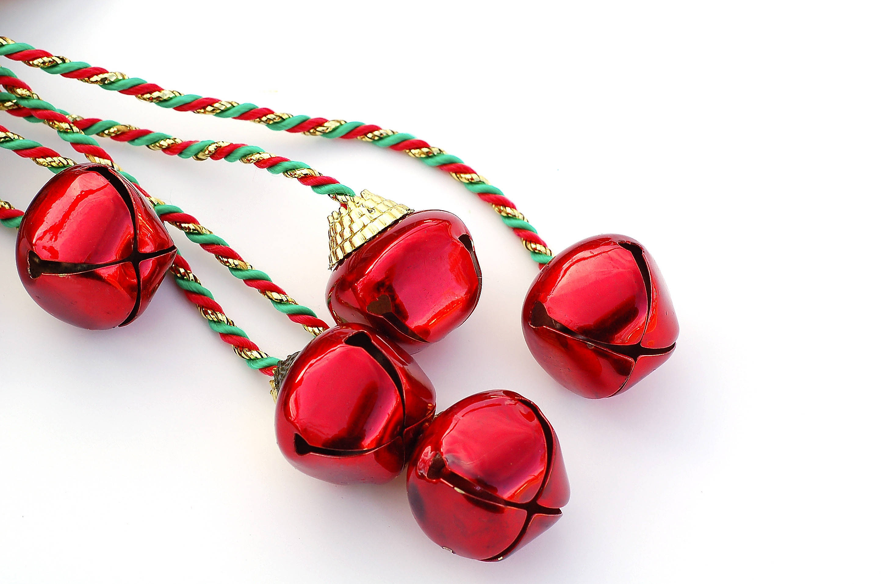 Round Christmas Bells, shiny red, gold accents, 2K Desktop Wallpaper