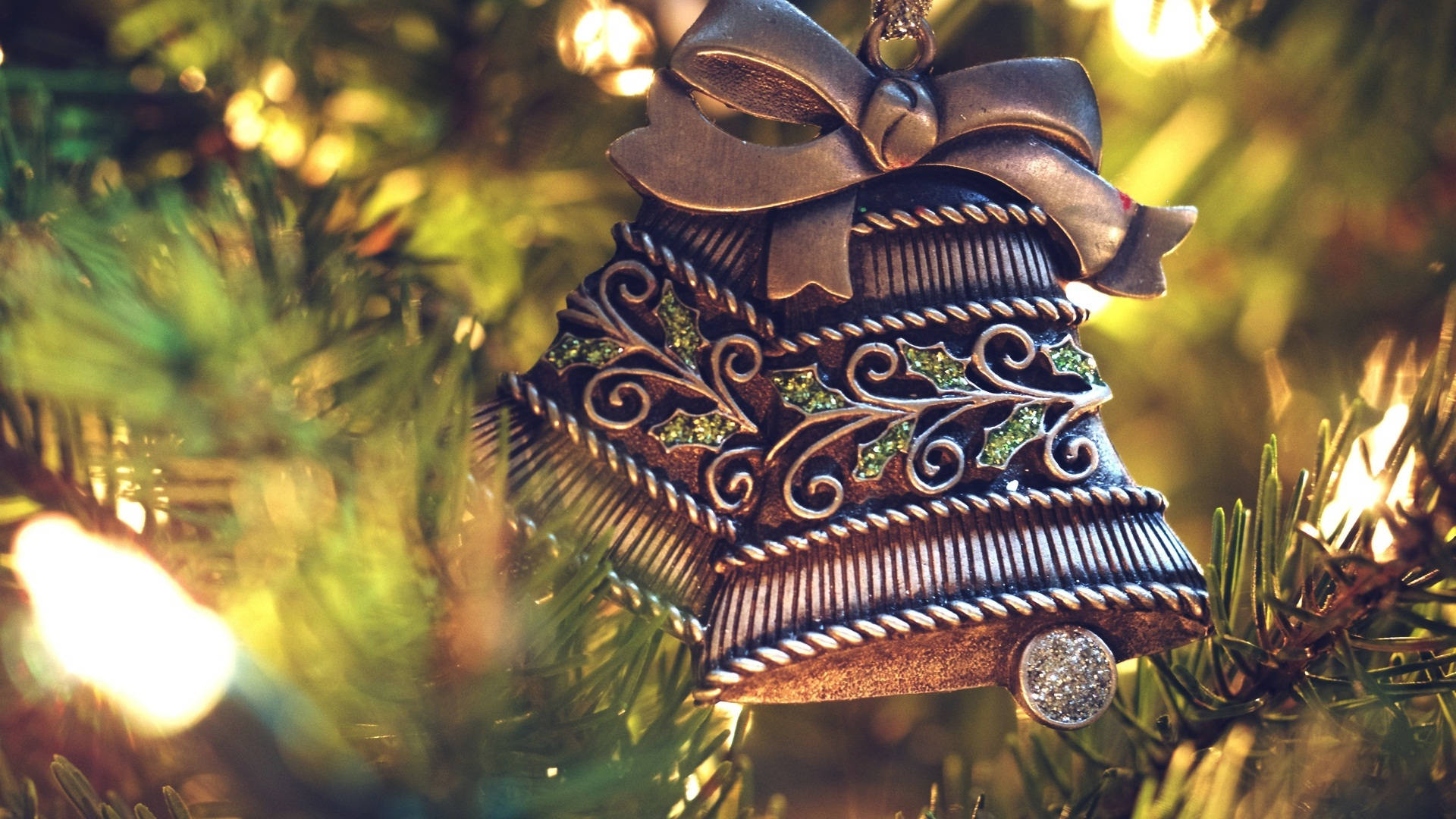 brass christmas bells, silver bell ornament, green holly accents, Full HD Desktop Wallpaper