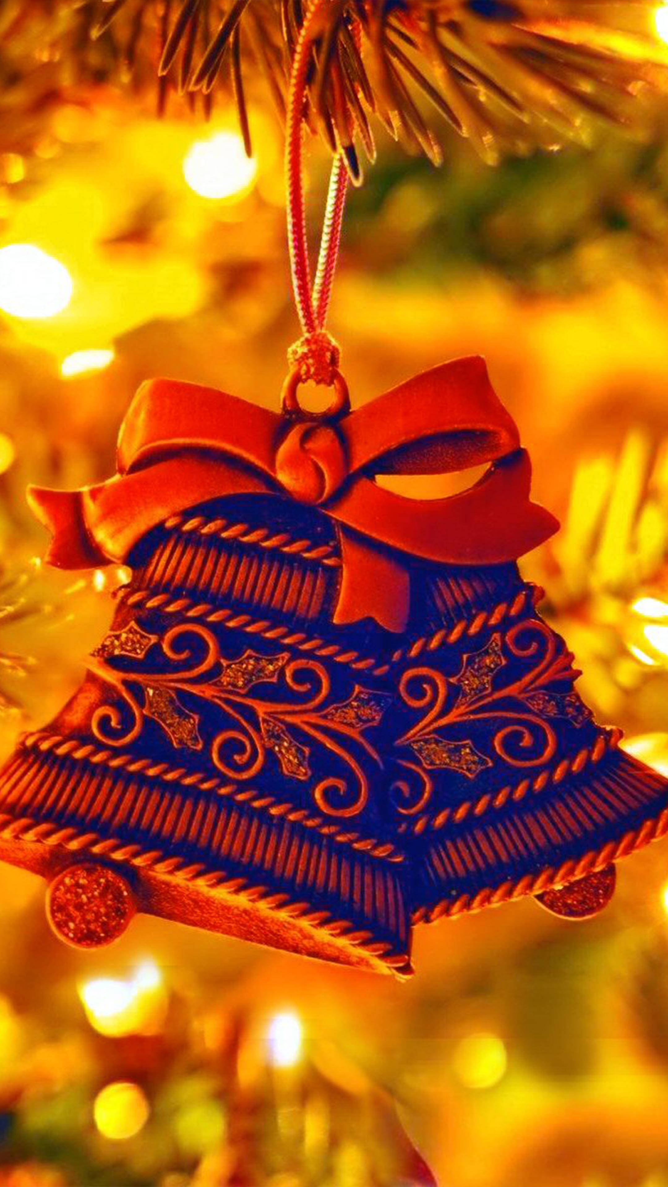 blue bell ornament, red bow, Christmas tree, 4K Phone Wallpaper