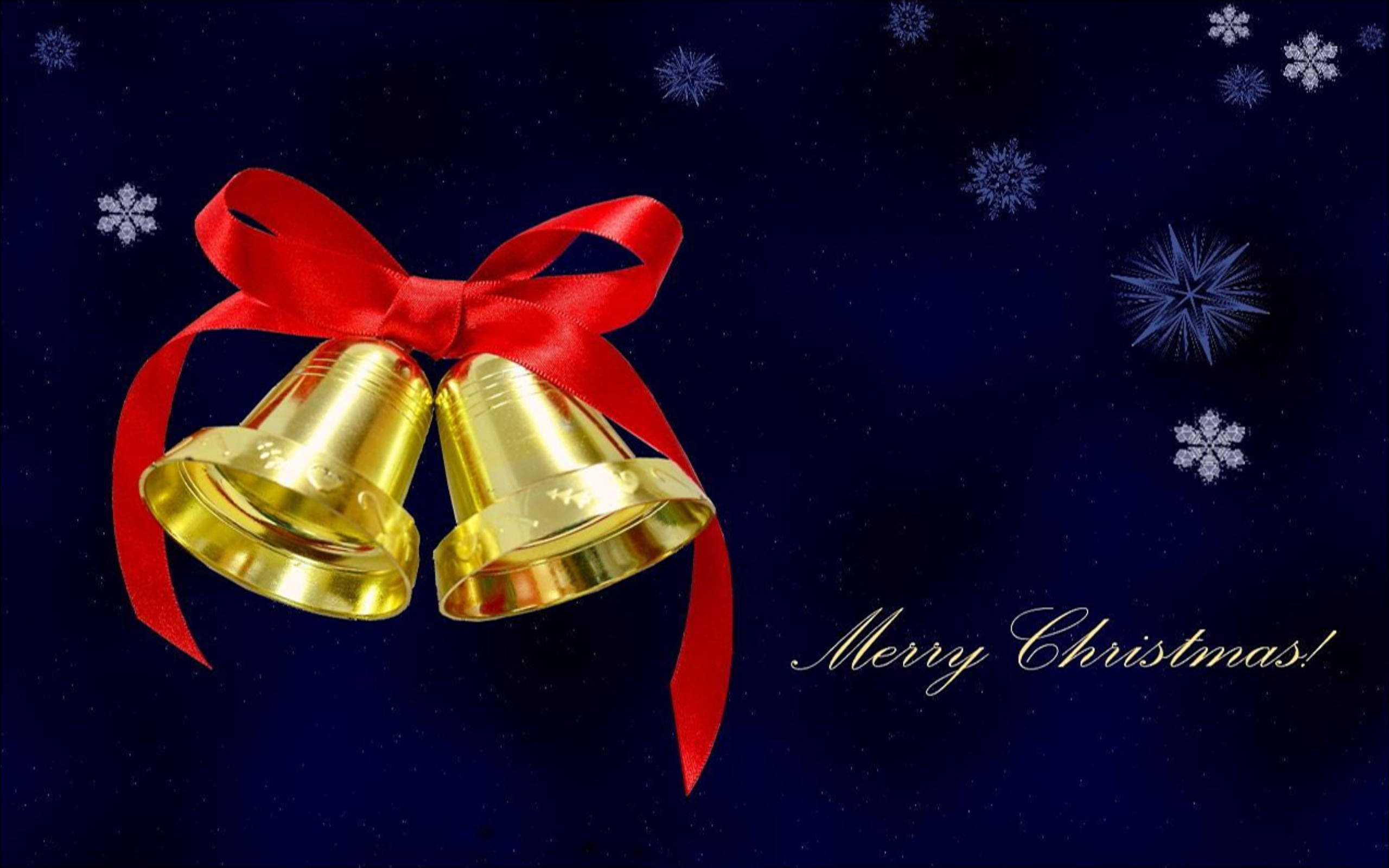 Merry Christmas!, golden bells, red ribbon, 2K Desktop Wallpaper