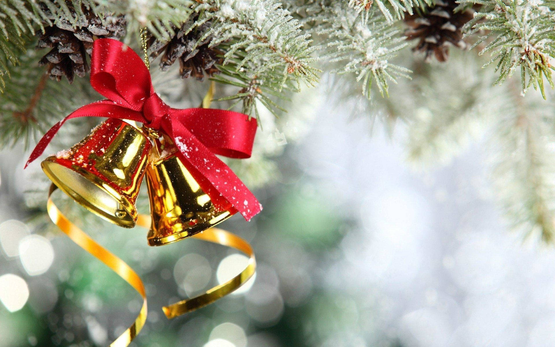 Christmas Bell, golden bells, red bow, Full HD Desktop Wallpaper