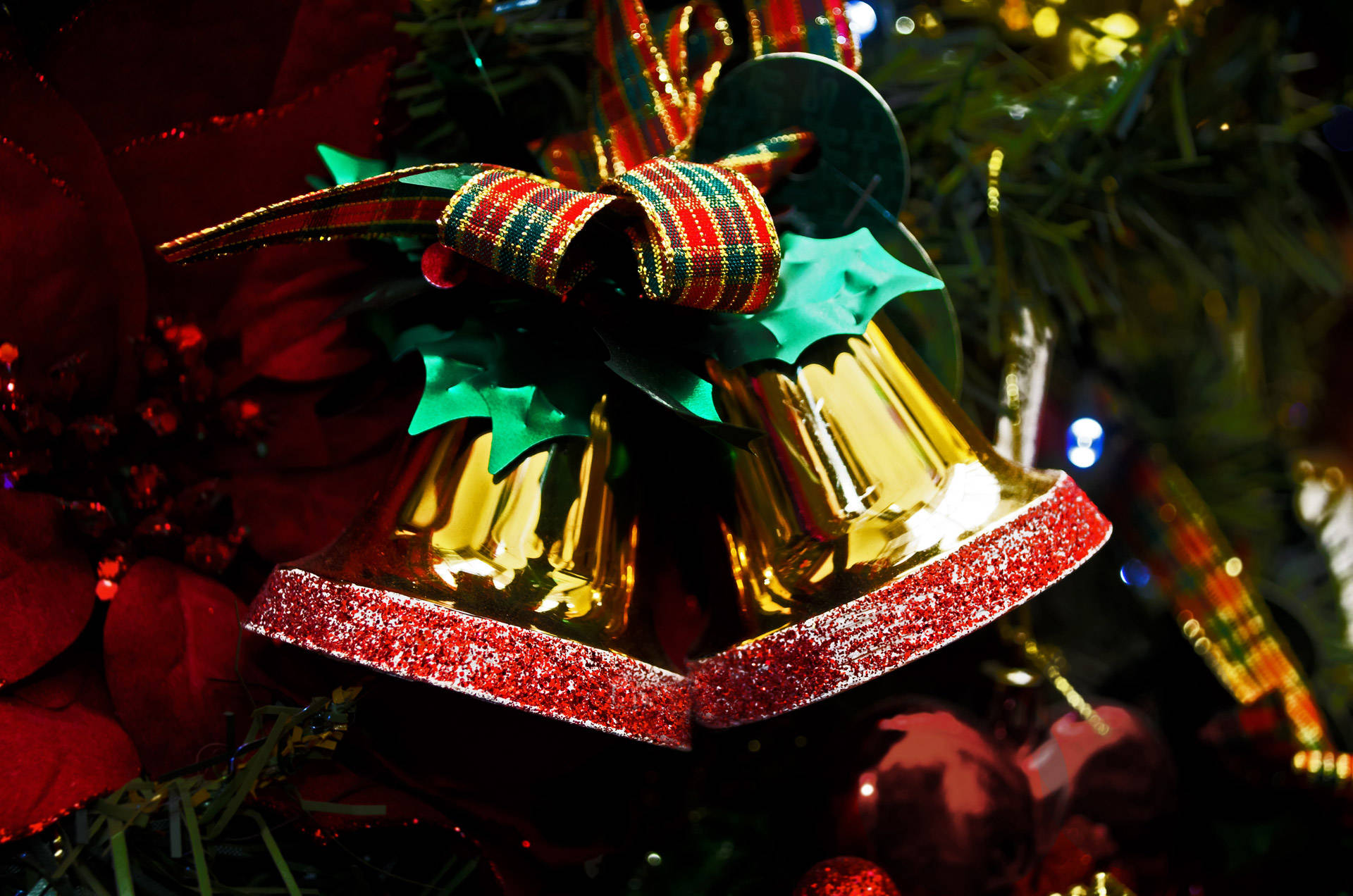 Christmas Bells Plaid Ribbon, golden bells, red glitter trim, Full HD Desktop Wallpaper