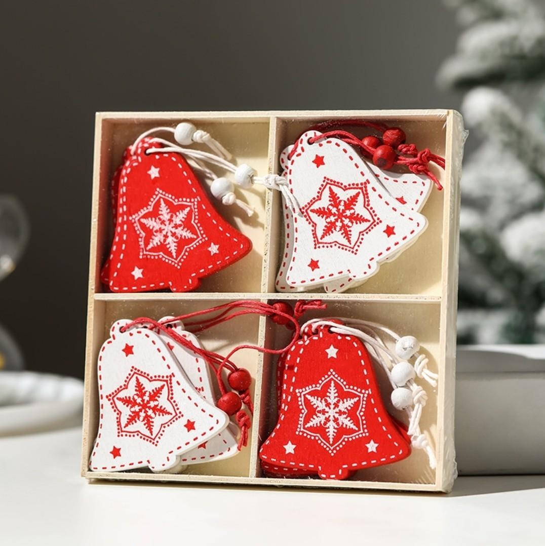 box of christmas bells, red and white felt bell ornaments, snowflake embroidery, SD Phone Wallpaper