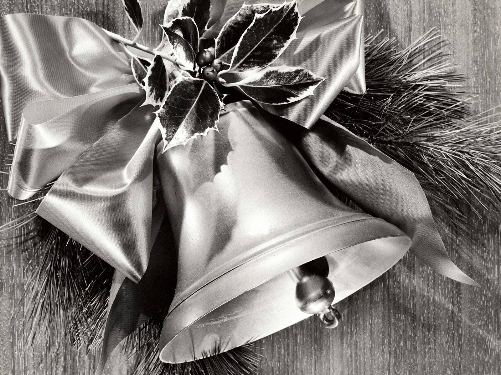 monochromatic Christmas Bell, shiny silver bell, holly berries, HD Desktop Wallpaper