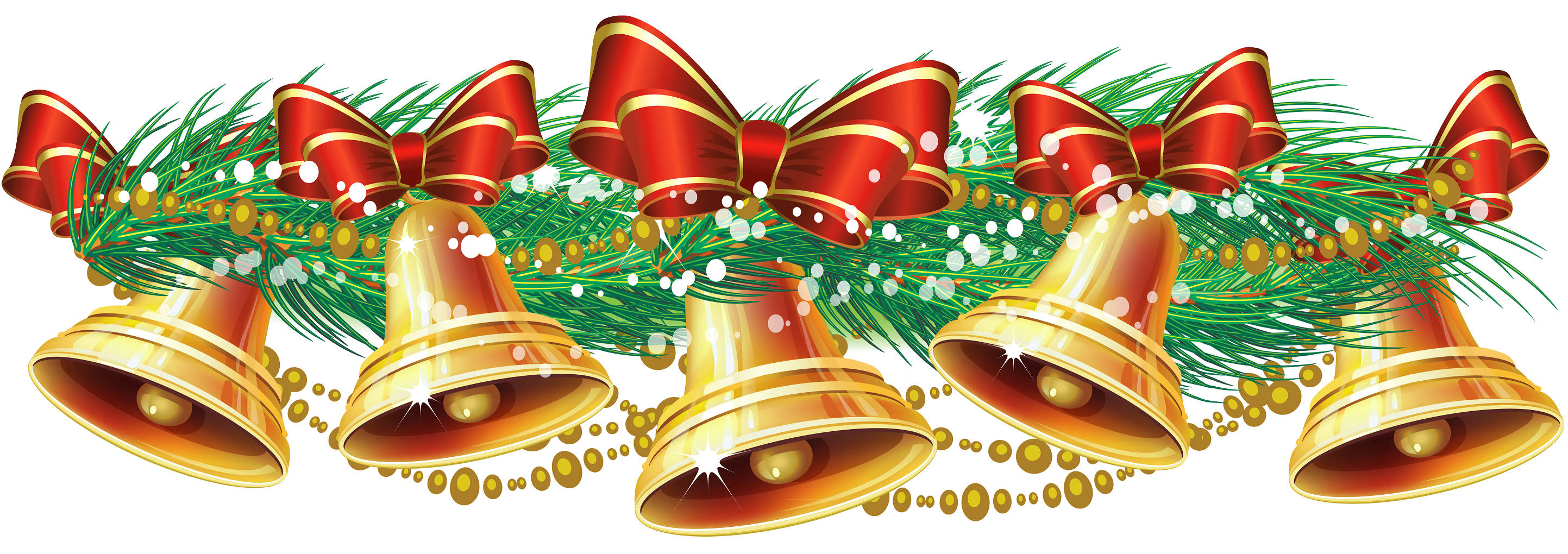 Christmas Bells Rows, golden bells, red bows, 2K Desktop Wallpaper