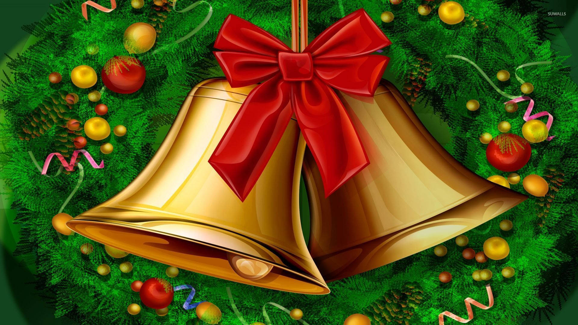 Christmas Bells And Wreath, golden bells, red bow, Full HD Desktop Wallpaper