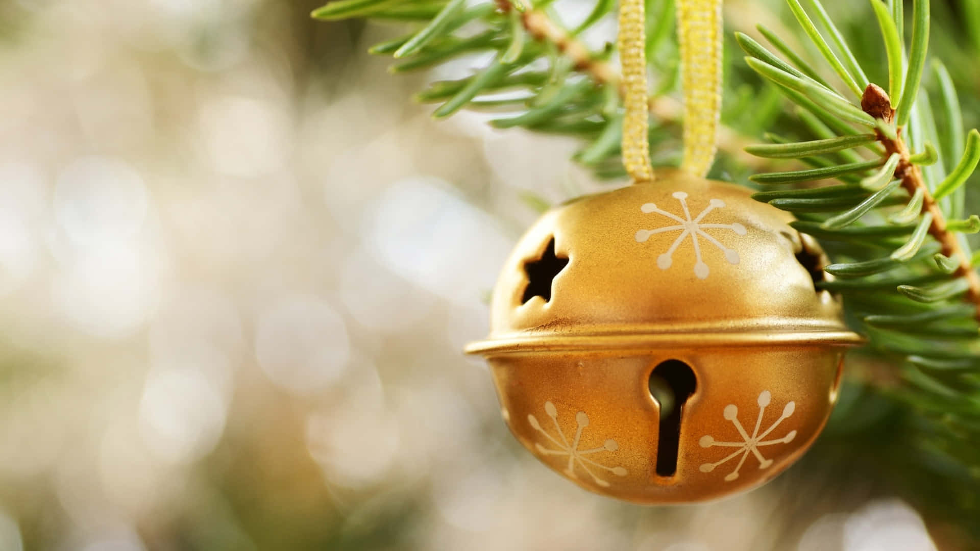 golden Christmas bell, snowflake cutouts, pine branch, Full HD Desktop Wallpaper
