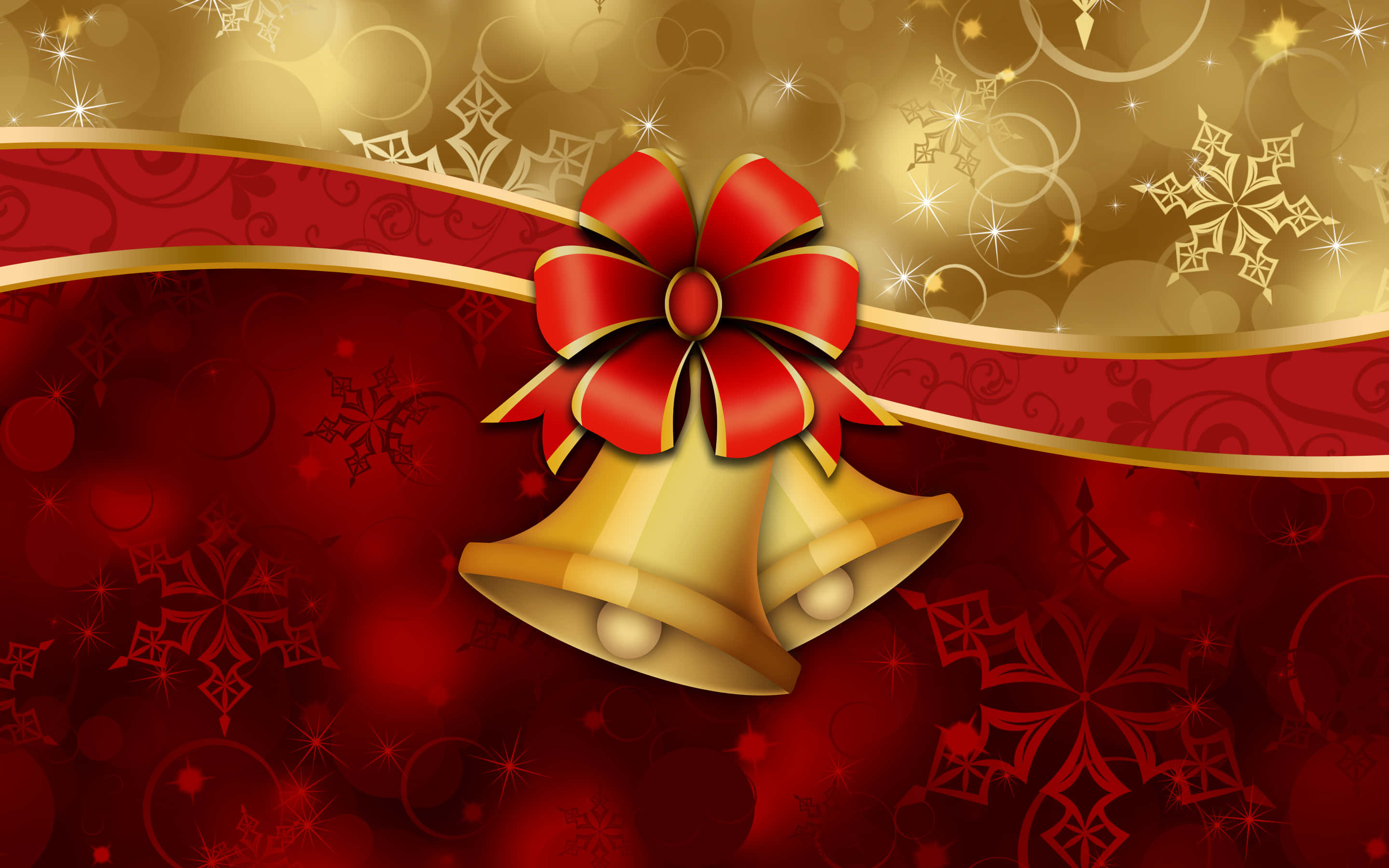 Gold Christmas Bells, golden bells, red bow, 2K Desktop Wallpaper