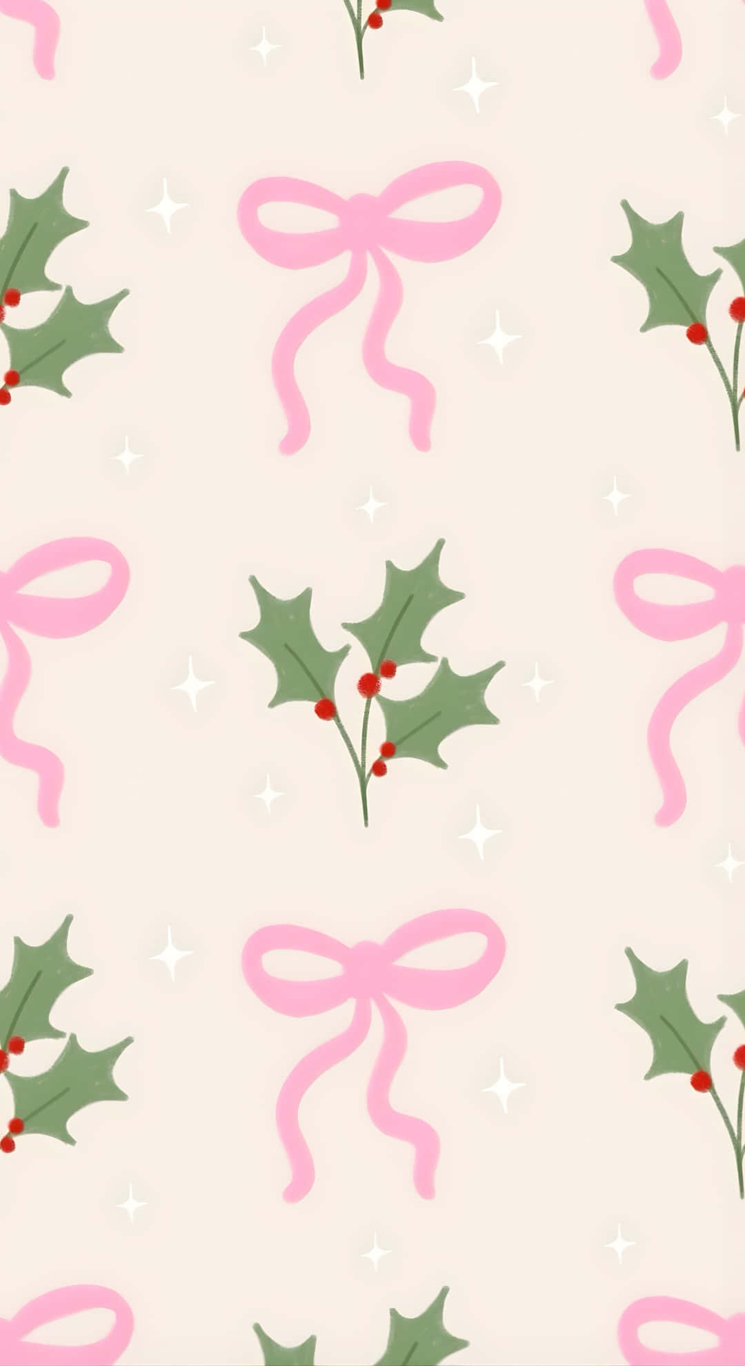 pink bows, green holly sprigs, red berries, Full HD Phone Wallpaper