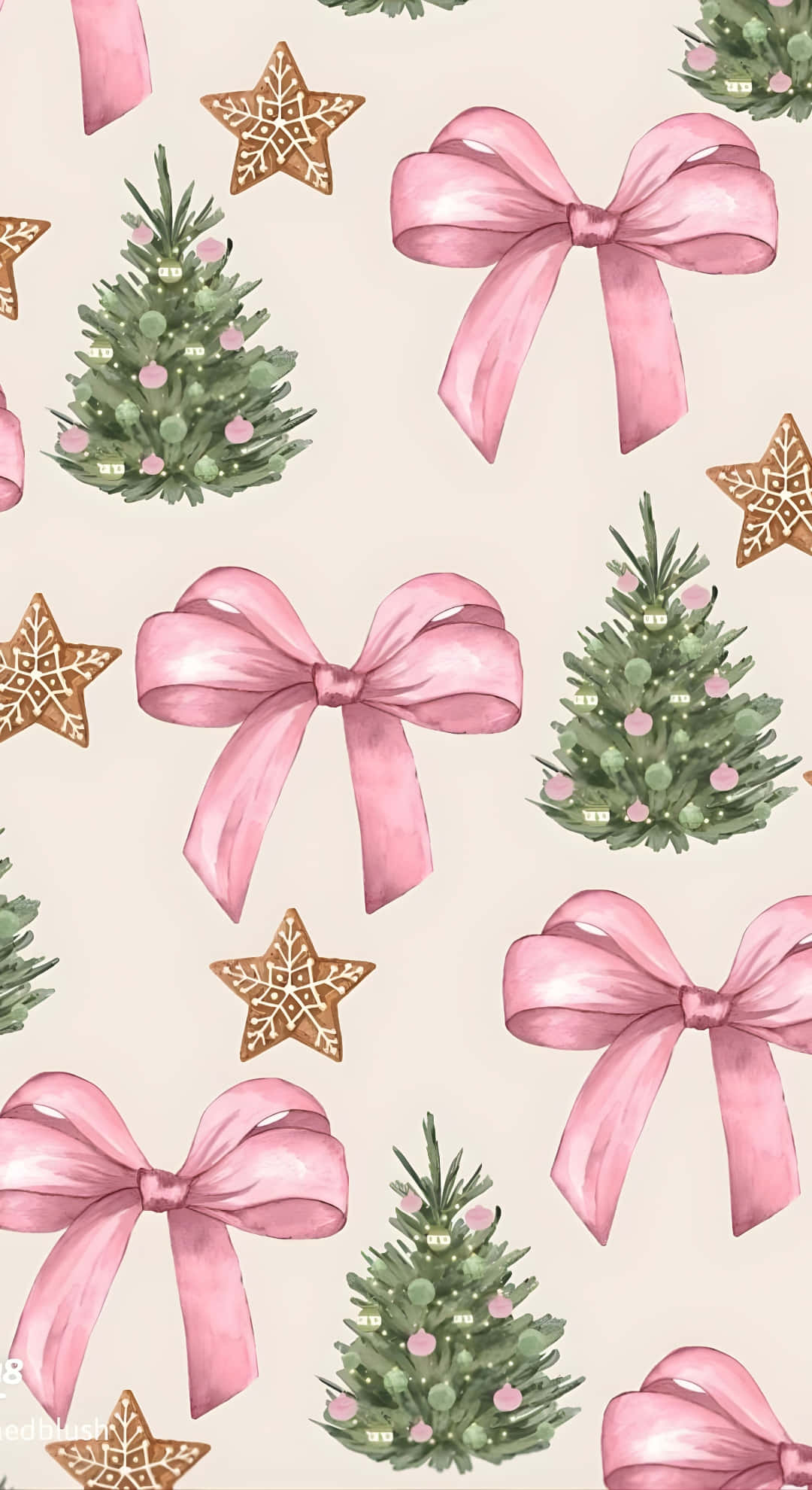pink bows, green Christmas trees, gold stars, Full HD Phone Wallpaper