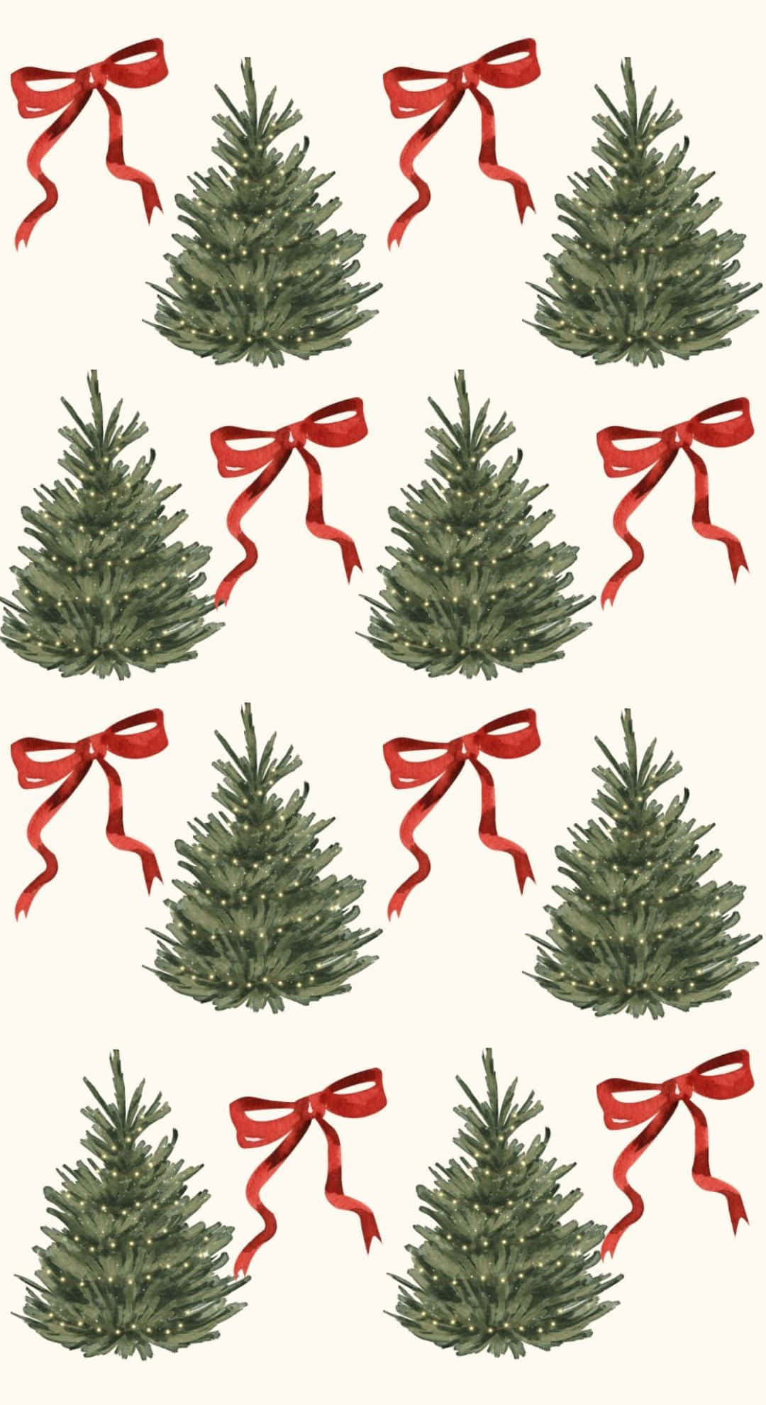 Christmas Trees, red bows, cream background, Full HD Phone Wallpaper