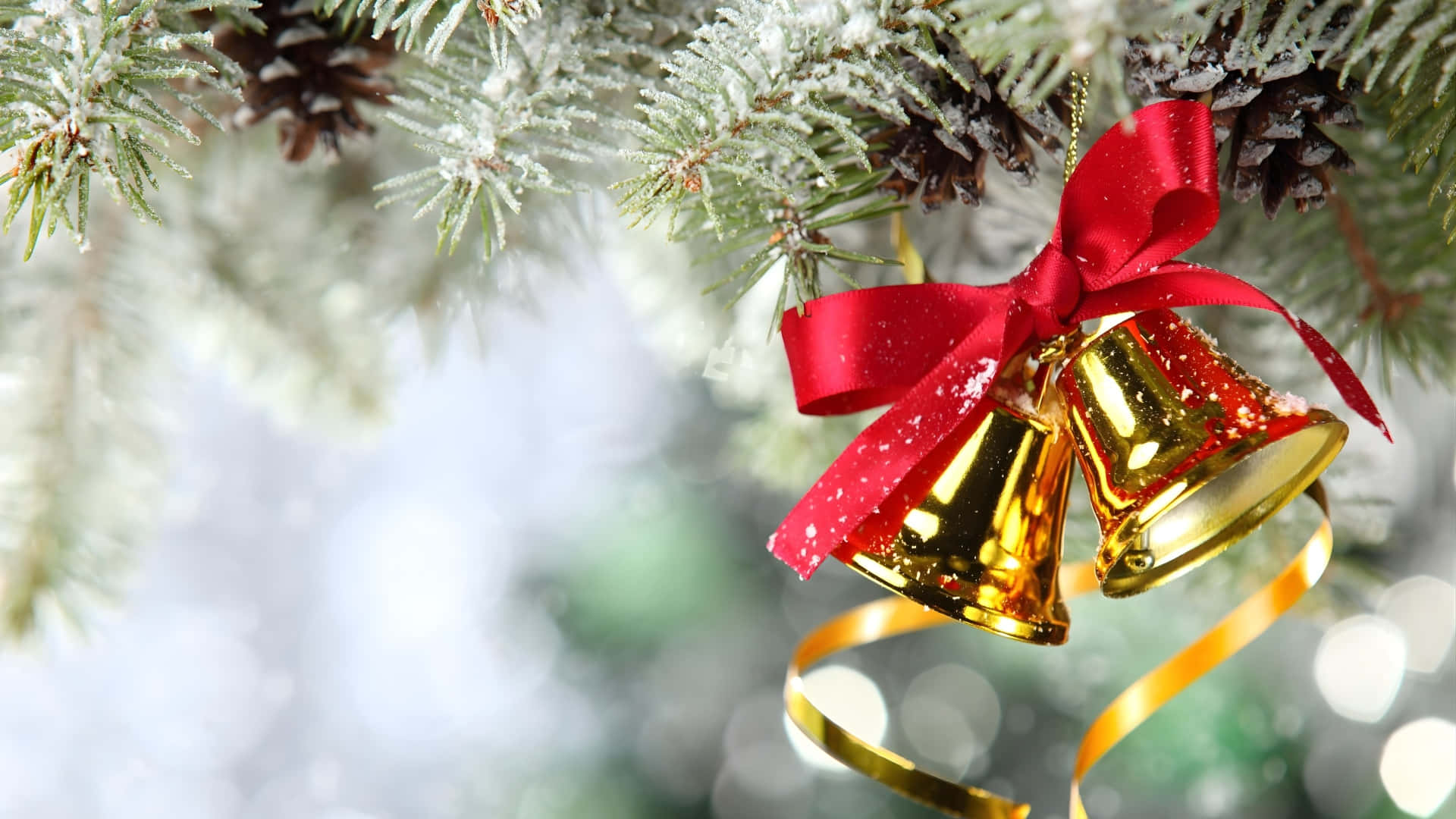 Christmas Bow, golden bells, red ribbon, Full HD Desktop Wallpaper