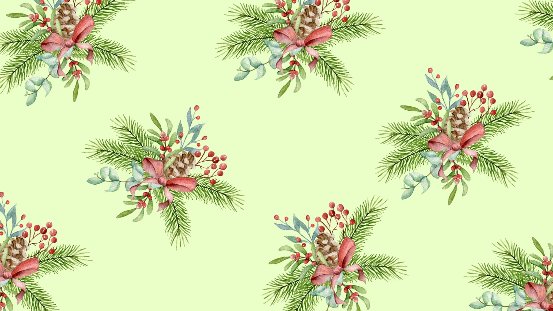 Christmas Bow, watercolor floral wreaths, pinecones, Full HD Desktop Wallpaper