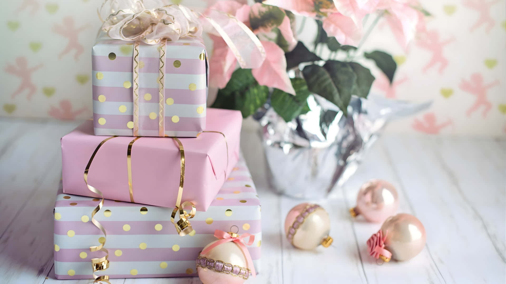 elegant pink christmas bow, pastel pink, gold, Full HD Desktop Wallpaper