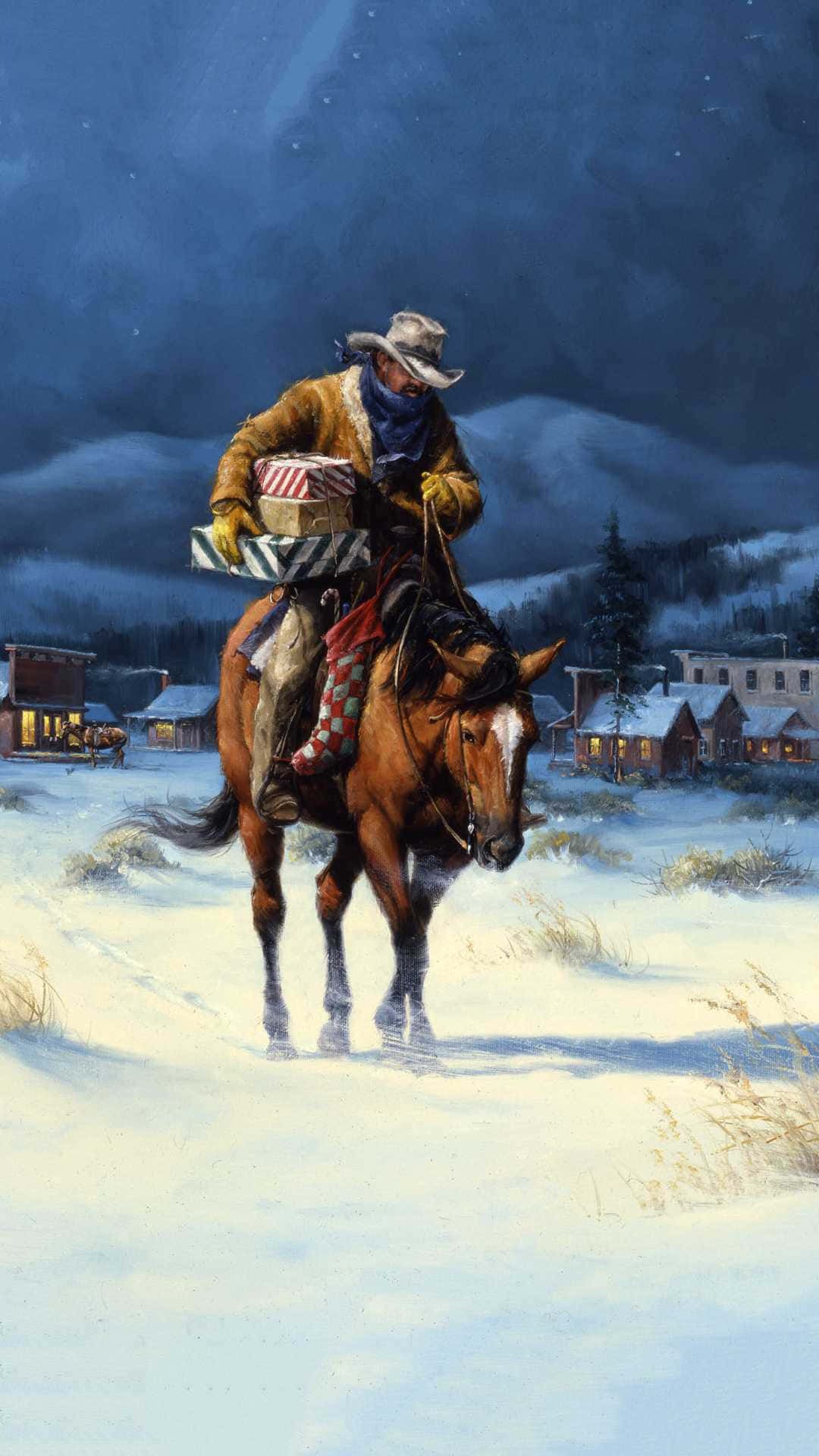 cowboy, horse, Christmas Bow, Full HD Phone Wallpaper